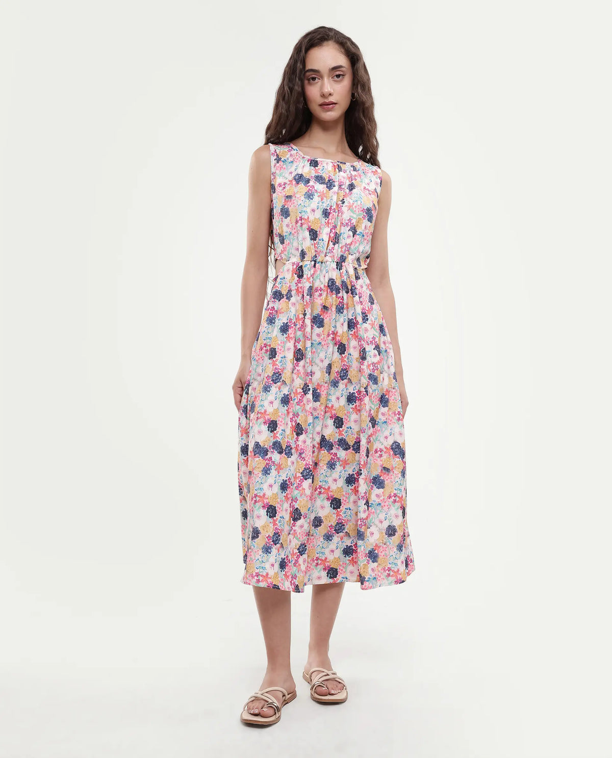 Rareism Women's Rinaf Multi Satin Round Neck Floral Print Sleeveless Midi Fit And Flare Dress