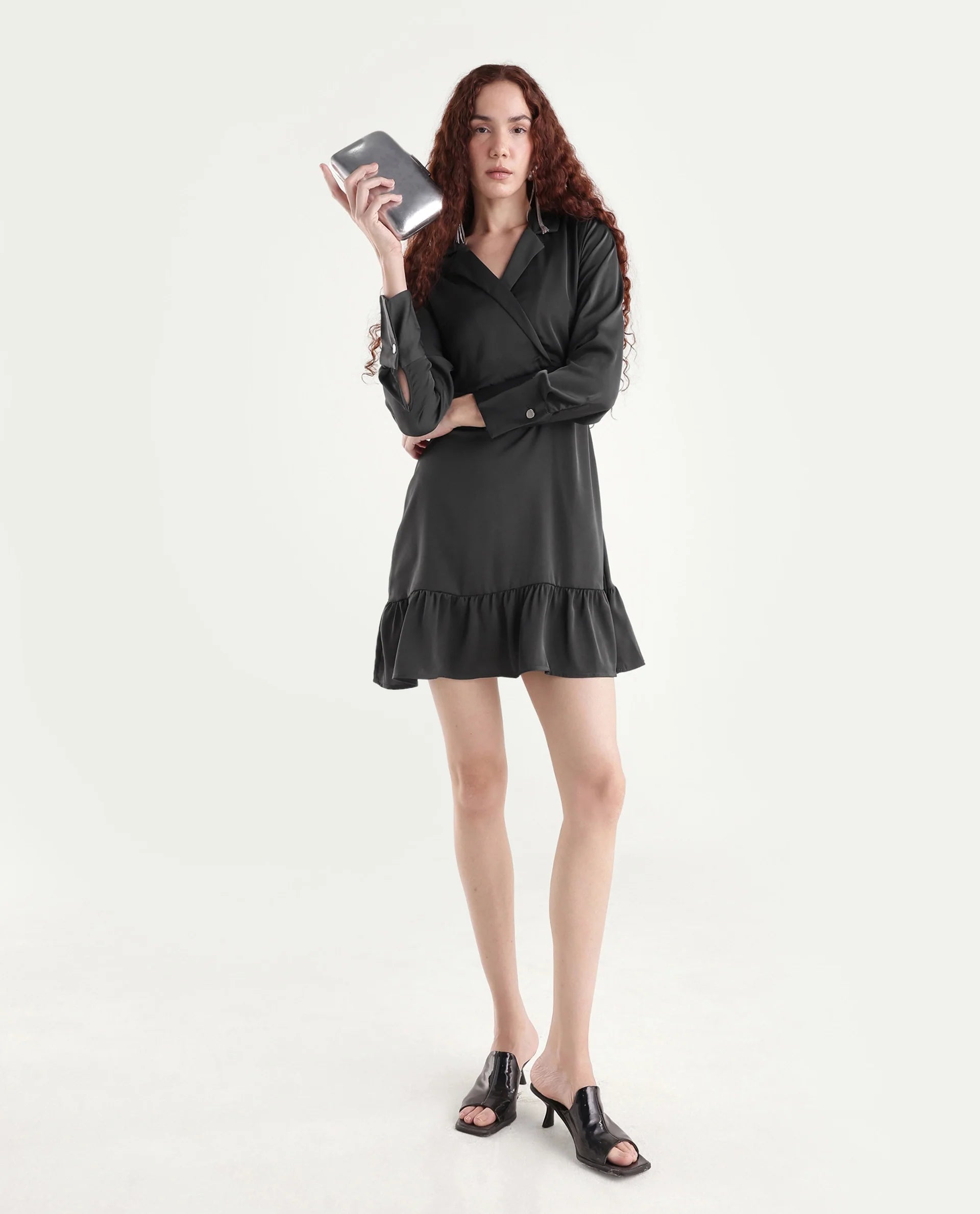 Rareism Women's Michiko Grey Satin Lapel Neck Plain Cuffed Sleeve Mini Fit And Flare Dress