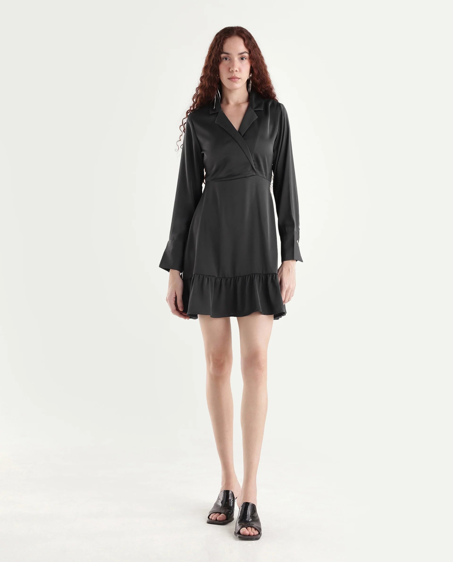 Rareism Women's Michiko Grey Satin Lapel Neck Plain Cuffed Sleeve Mini Fit And Flare Dress