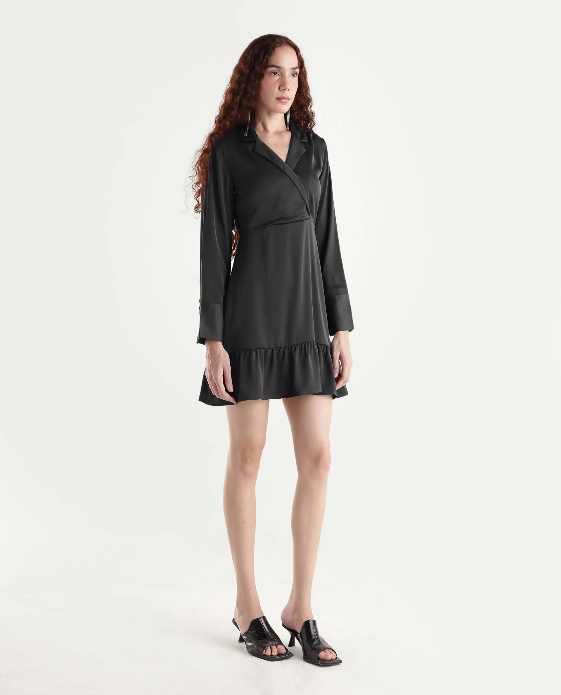 Rareism Women's Michiko Grey Satin Lapel Neck Plain Cuffed Sleeve Mini Fit And Flare Dress