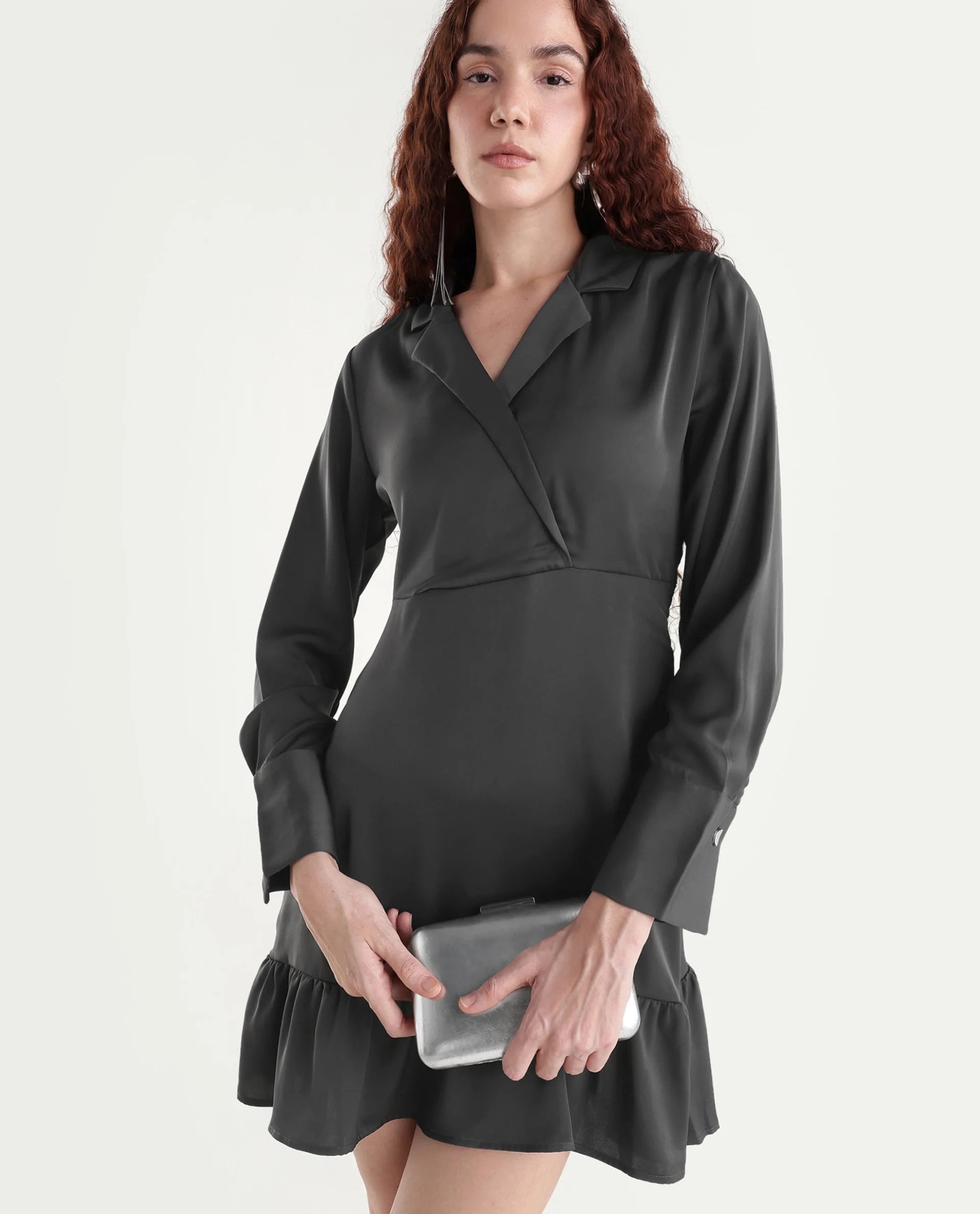 Rareism Women's Michiko Grey Satin Lapel Neck Plain Cuffed Sleeve Mini Fit And Flare Dress