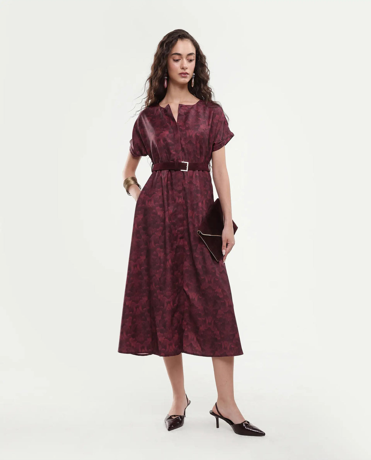 Rareism Women's Mulaani Maroon Satin Round Neck Abstract Print Extended Sleeves Midi A-Line Dress