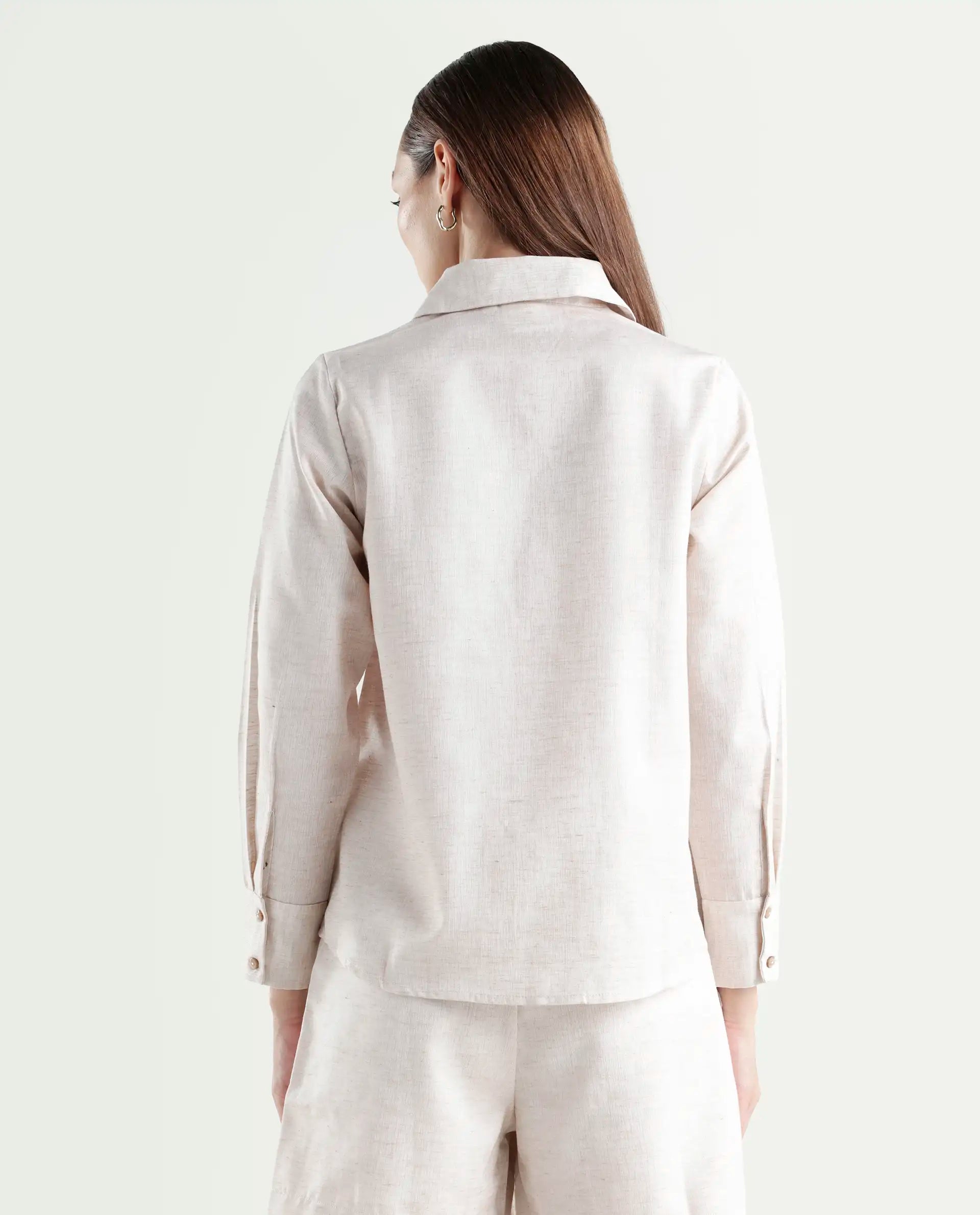 Rareism Women's Lippta Beige Polyester Spread Collar Plain Cuffed Sleeve Regular Fit Top