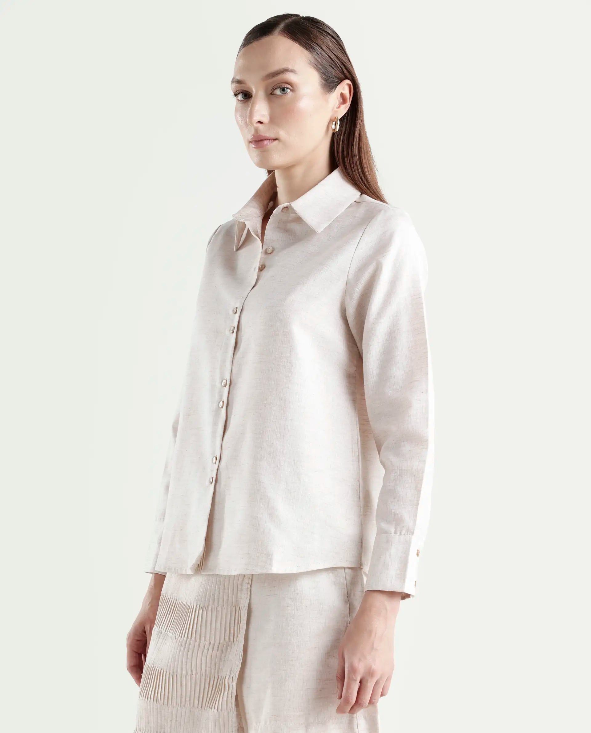 Rareism Women's Lippta Beige Polyester Spread Collar Plain Cuffed Sleeve Regular Fit Top