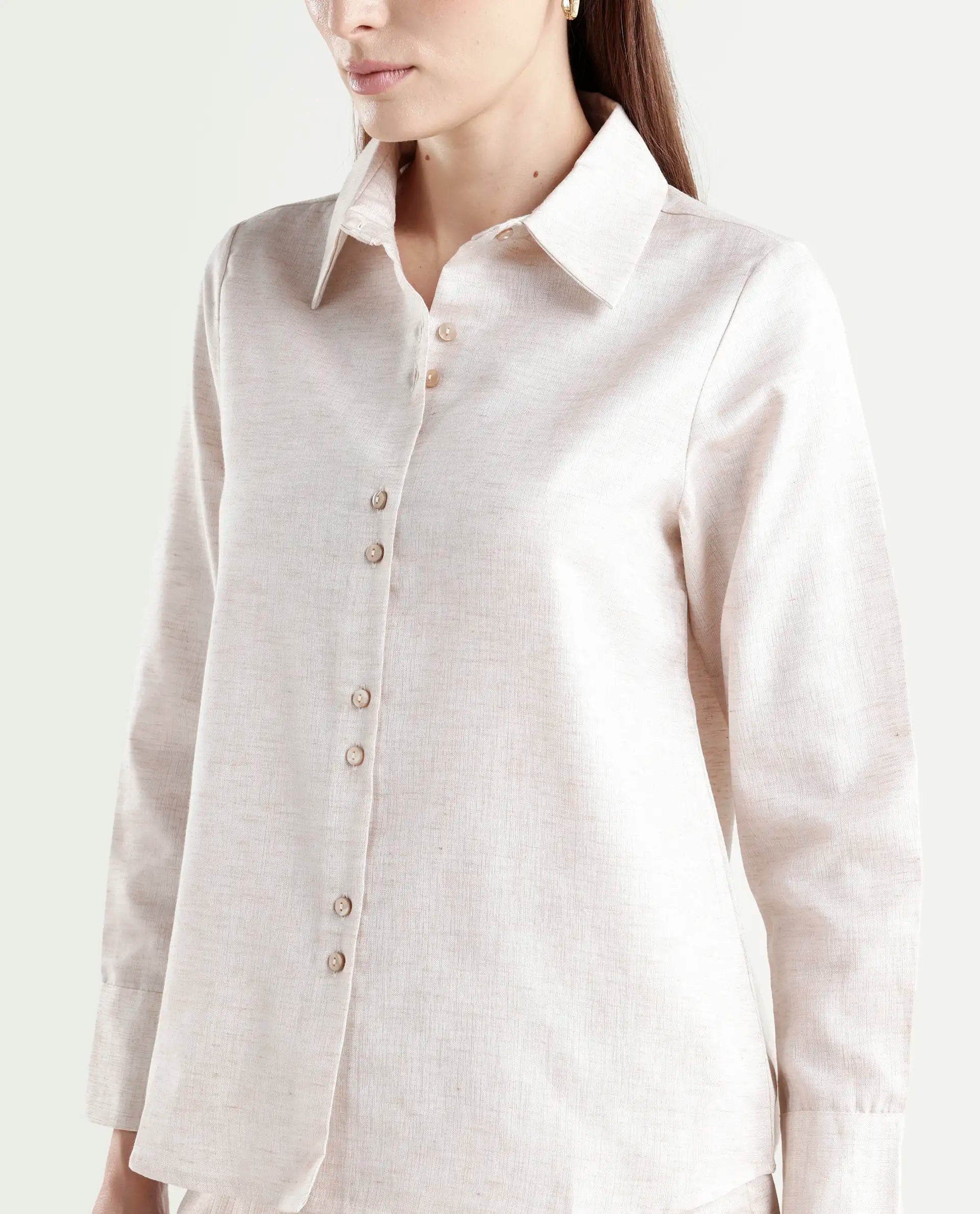 Rareism Women's Lippta Beige Polyester Spread Collar Plain Cuffed Sleeve Regular Fit Top
