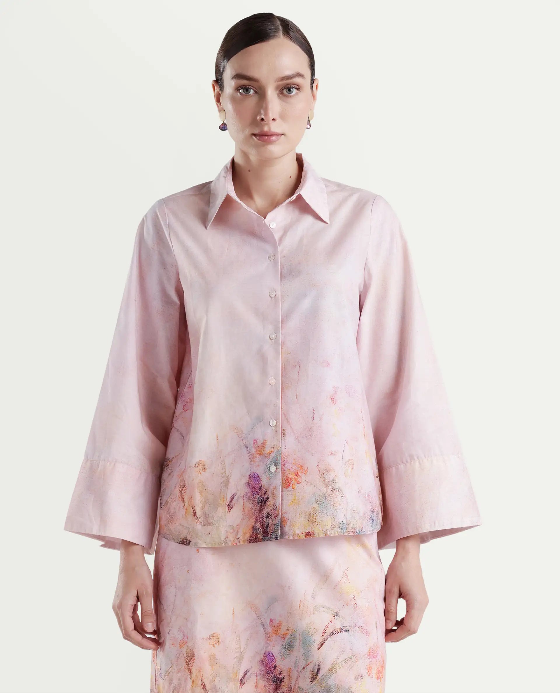 Rareism Women's Loko Pink Cotton Spread Collar Floral Print Bell Sleeve Regular Fit Top