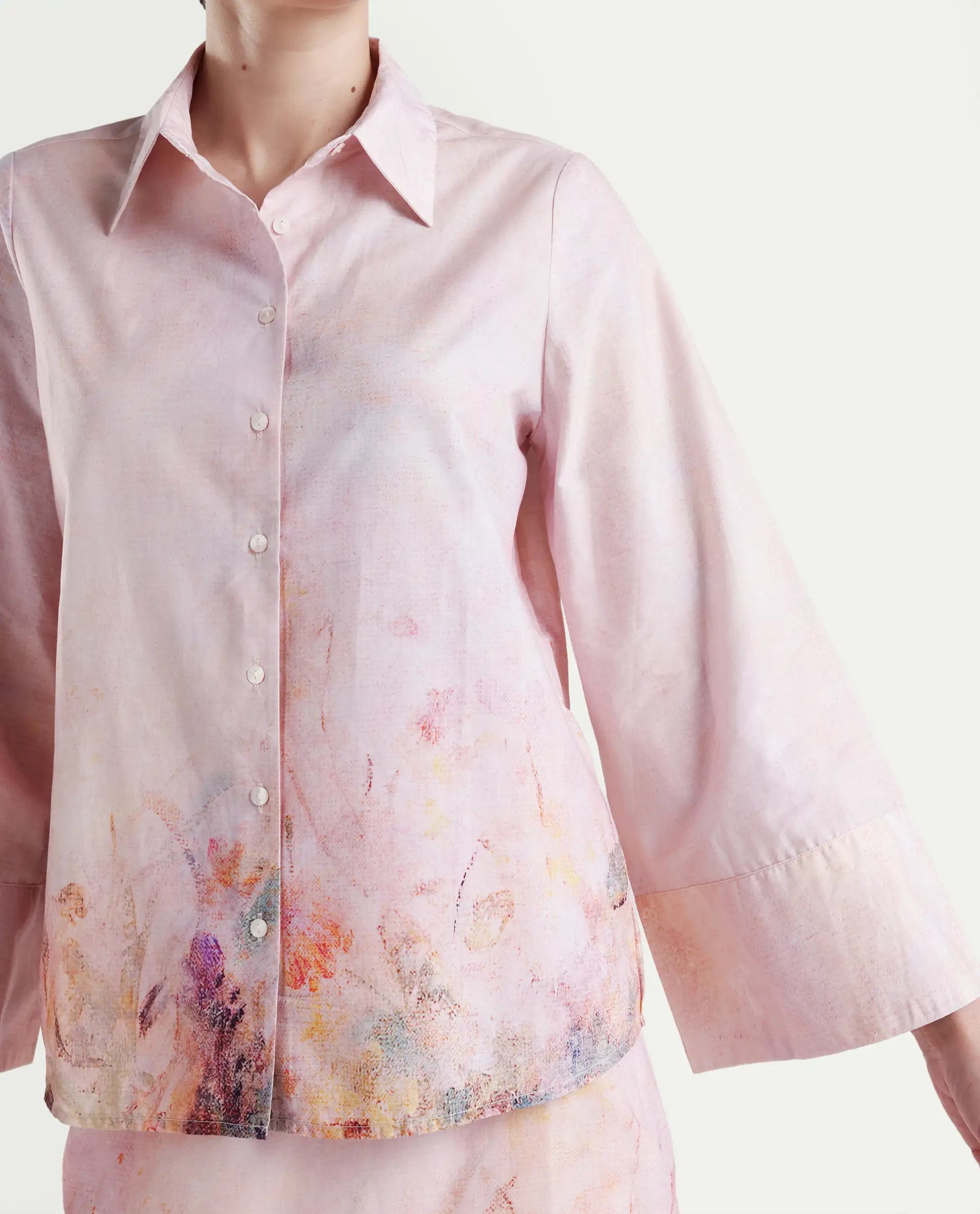 Rareism Women's Loko Pink Cotton Spread Collar Floral Print Bell Sleeve Regular Fit Top