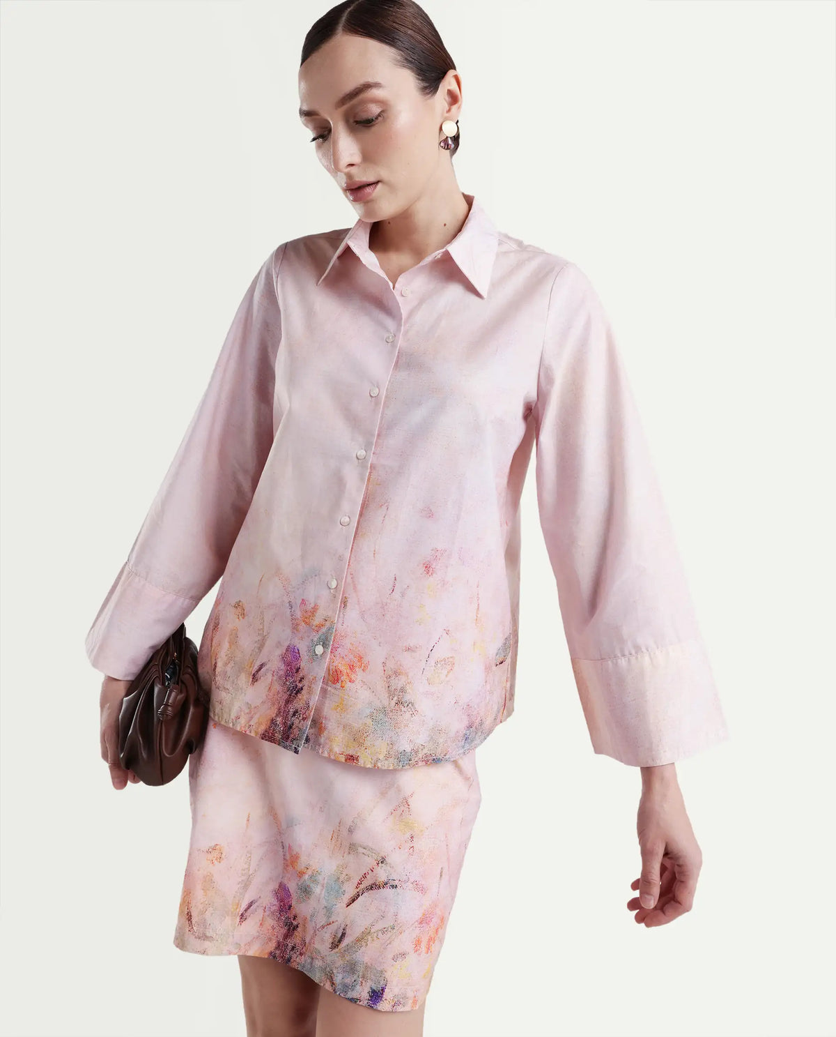 Rareism Women's Loko Pink Cotton Spread Collar Floral Print Bell Sleeve Regular Fit Top