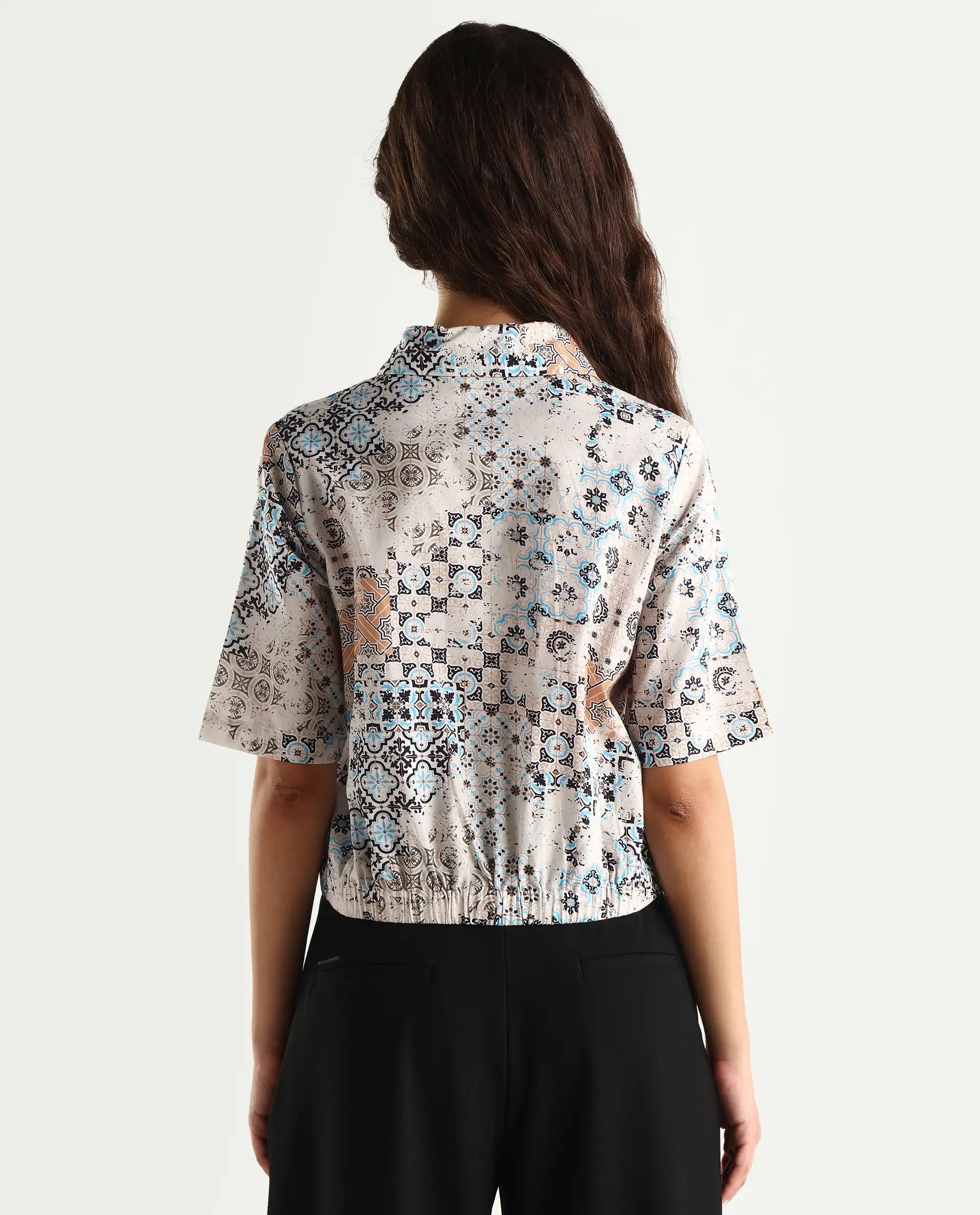 Rareism Women's Kitanas Multi Cotton Spread Collar Abstract Print Crop Regular Fit Top
