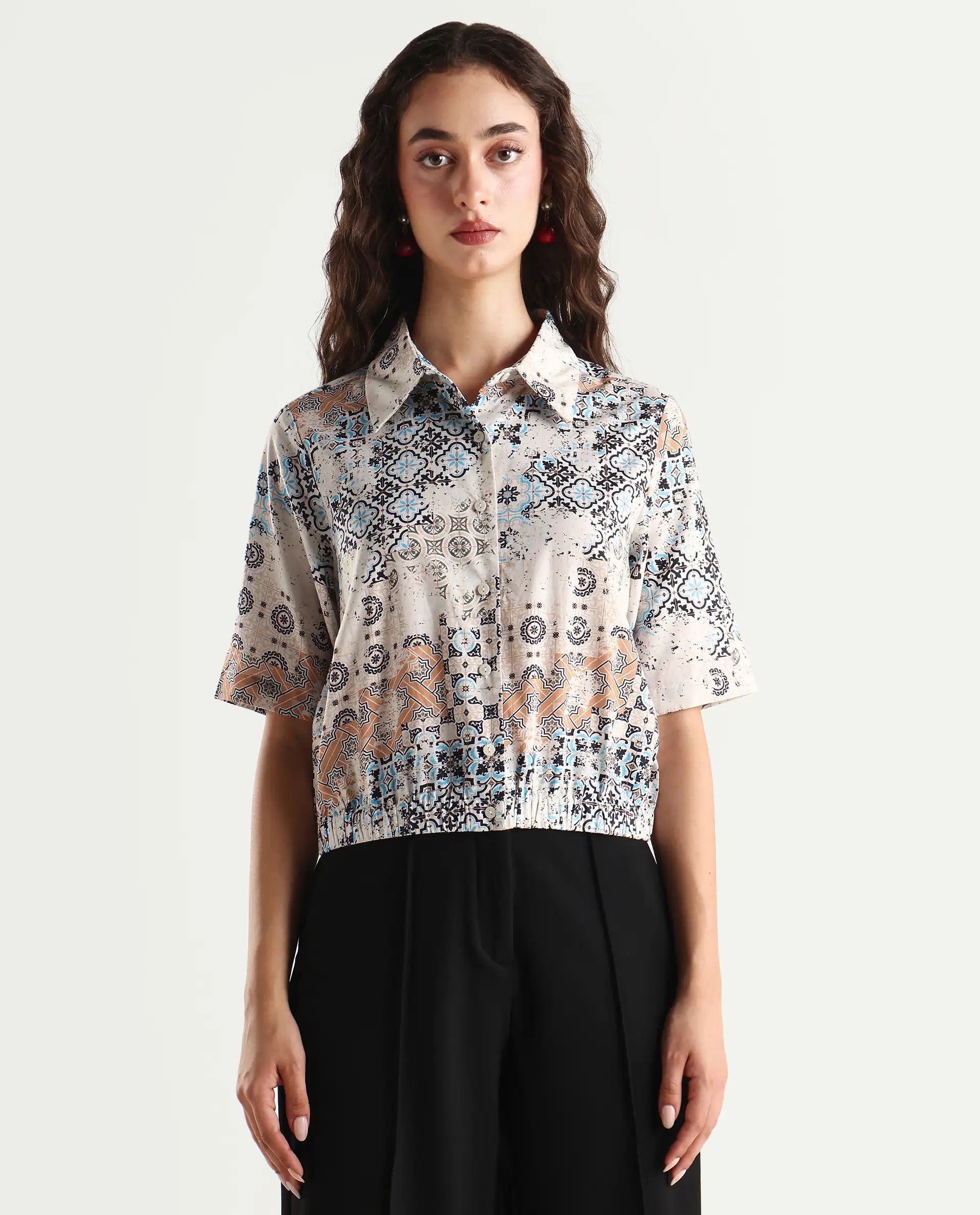 Rareism Women's Kitanas Multi Cotton Spread Collar Abstract Print Crop Regular Fit Top