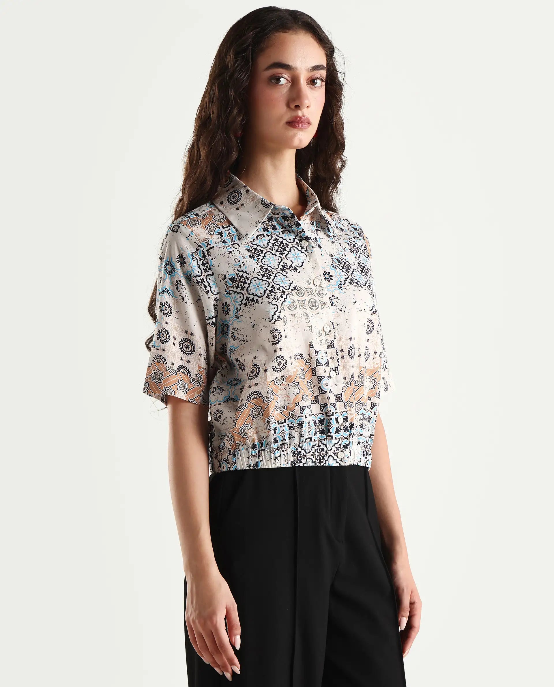 Rareism Women's Kitanas Multi Cotton Spread Collar Abstract Print Crop Regular Fit Top