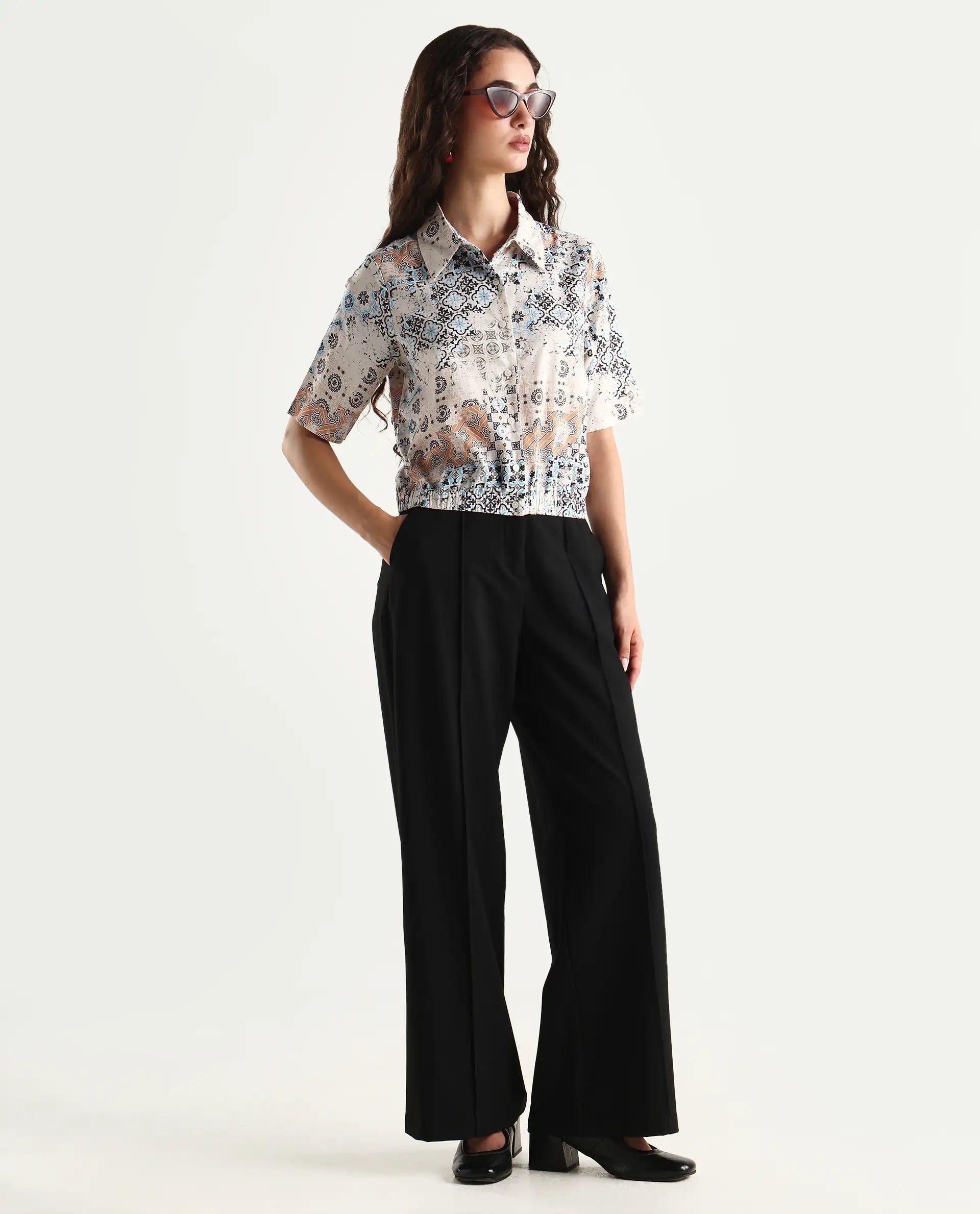 Rareism Women's Kitanas Multi Cotton Spread Collar Abstract Print Crop Regular Fit Top