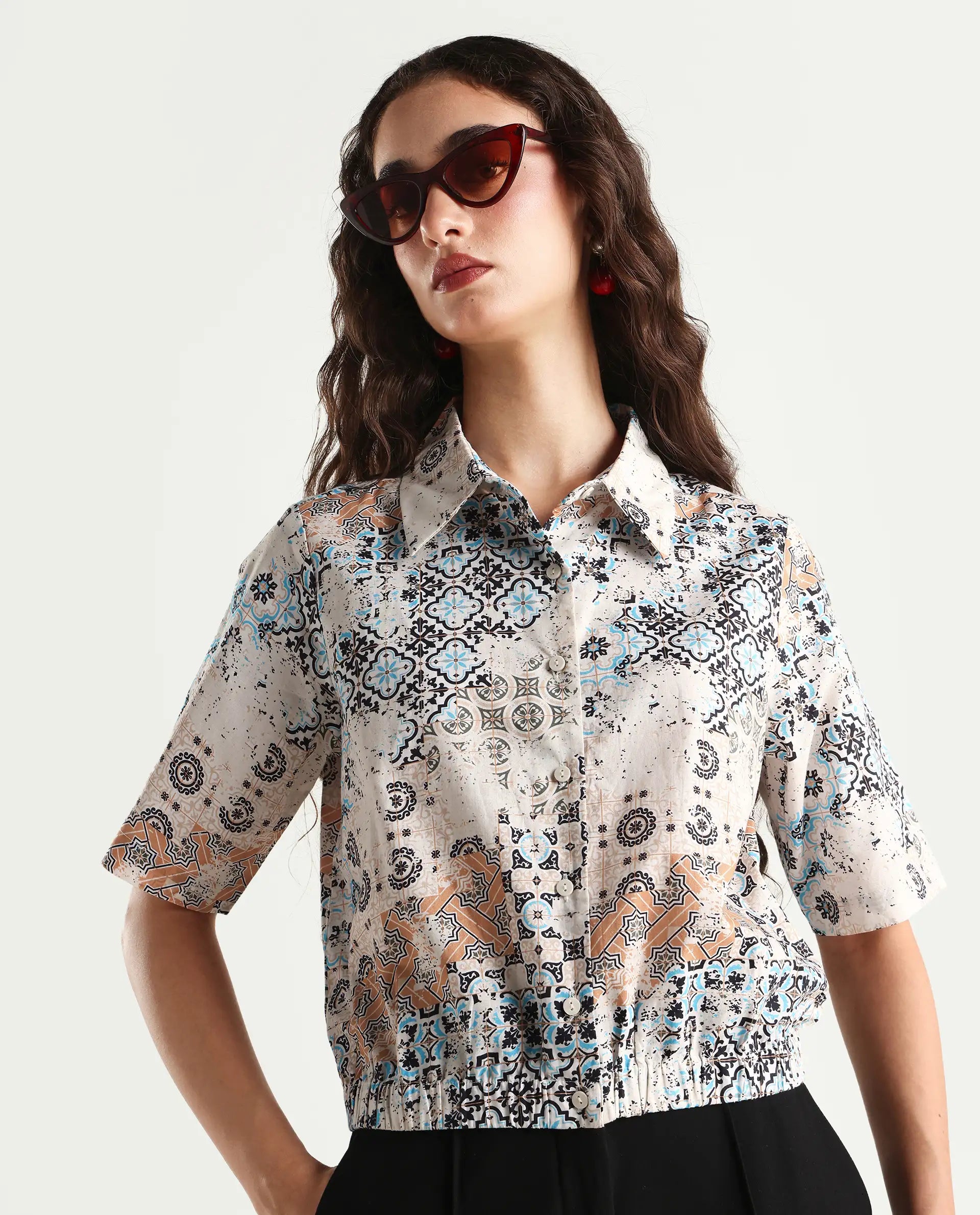 Rareism Women's Kitanas Multi Cotton Spread Collar Abstract Print Crop Regular Fit Top
