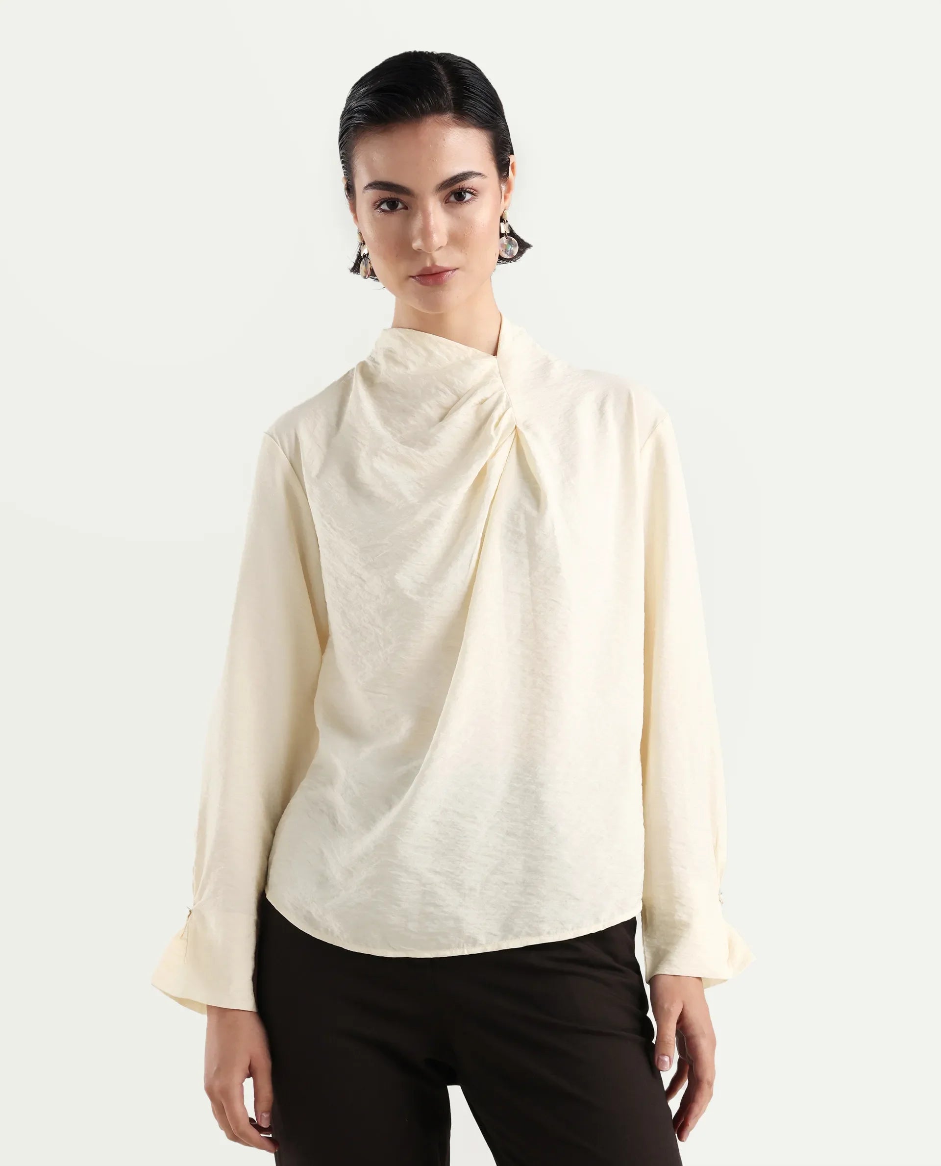 Rareism Women's Xave Beige Nylon Nylon Blend Spread Collar Plain Regular Fit Shirt