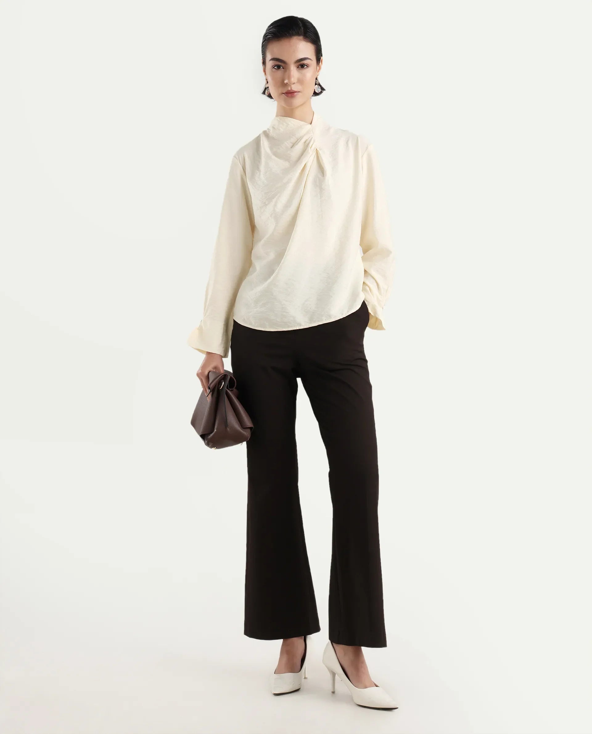 Rareism Women's Xave Beige Nylon Nylon Blend Spread Collar Plain Regular Fit Shirt