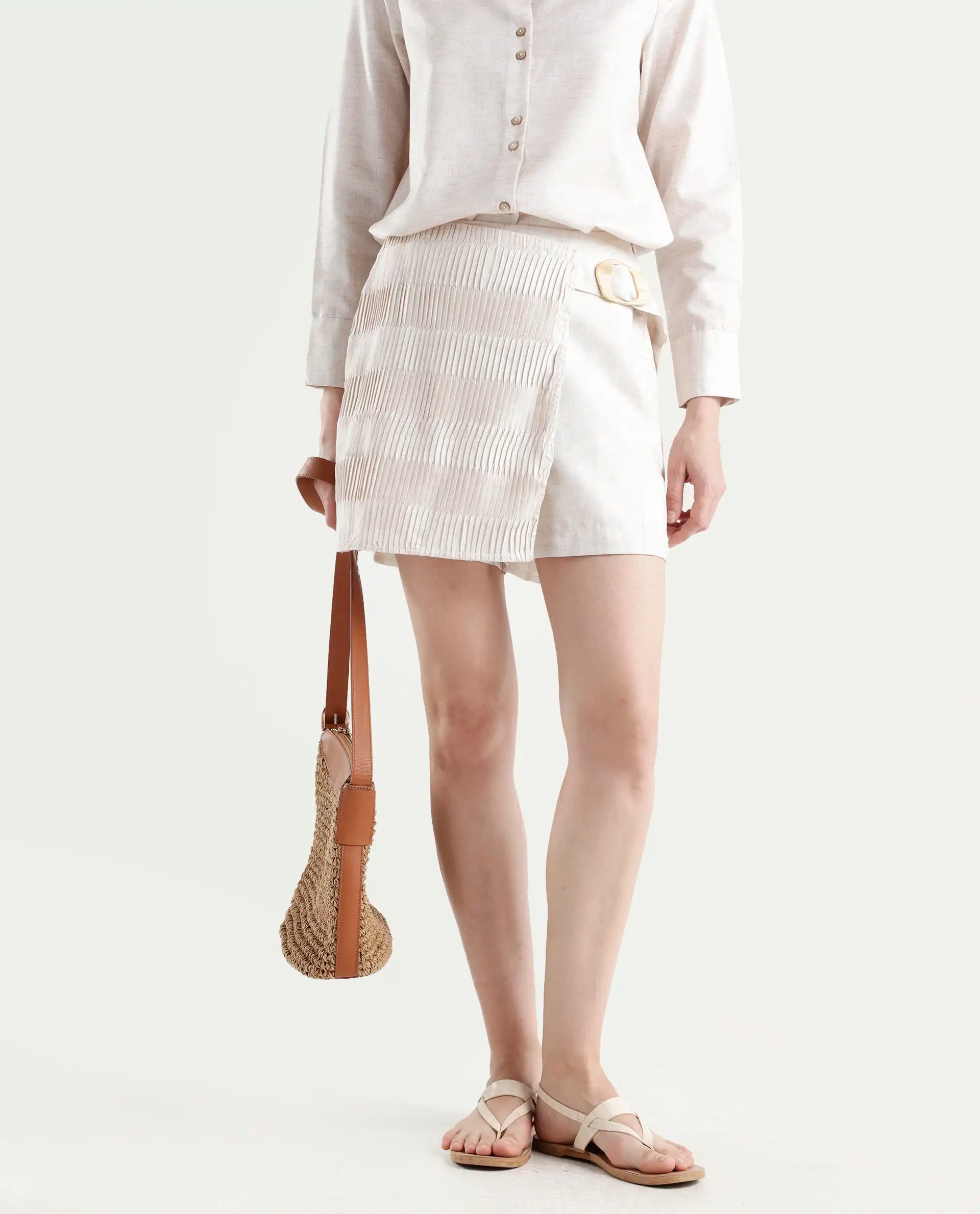 Rareism Women's Lippta-B-Beige Polyester Plain Mini Regular Fit Skirt