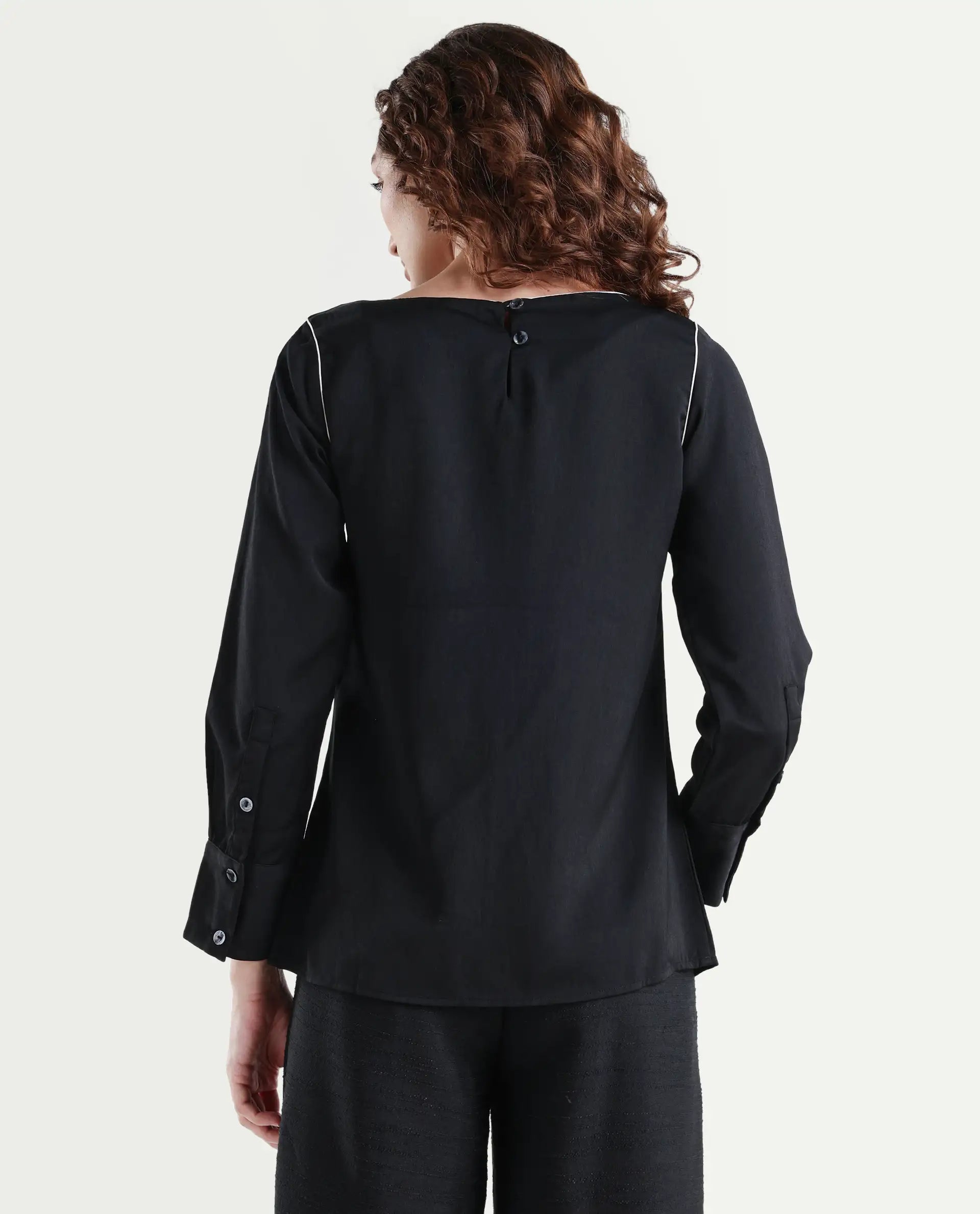 Rareism Women's Pidet Black Satin Boat Neck Plain Cuffed Sleeve Regular Fit Top