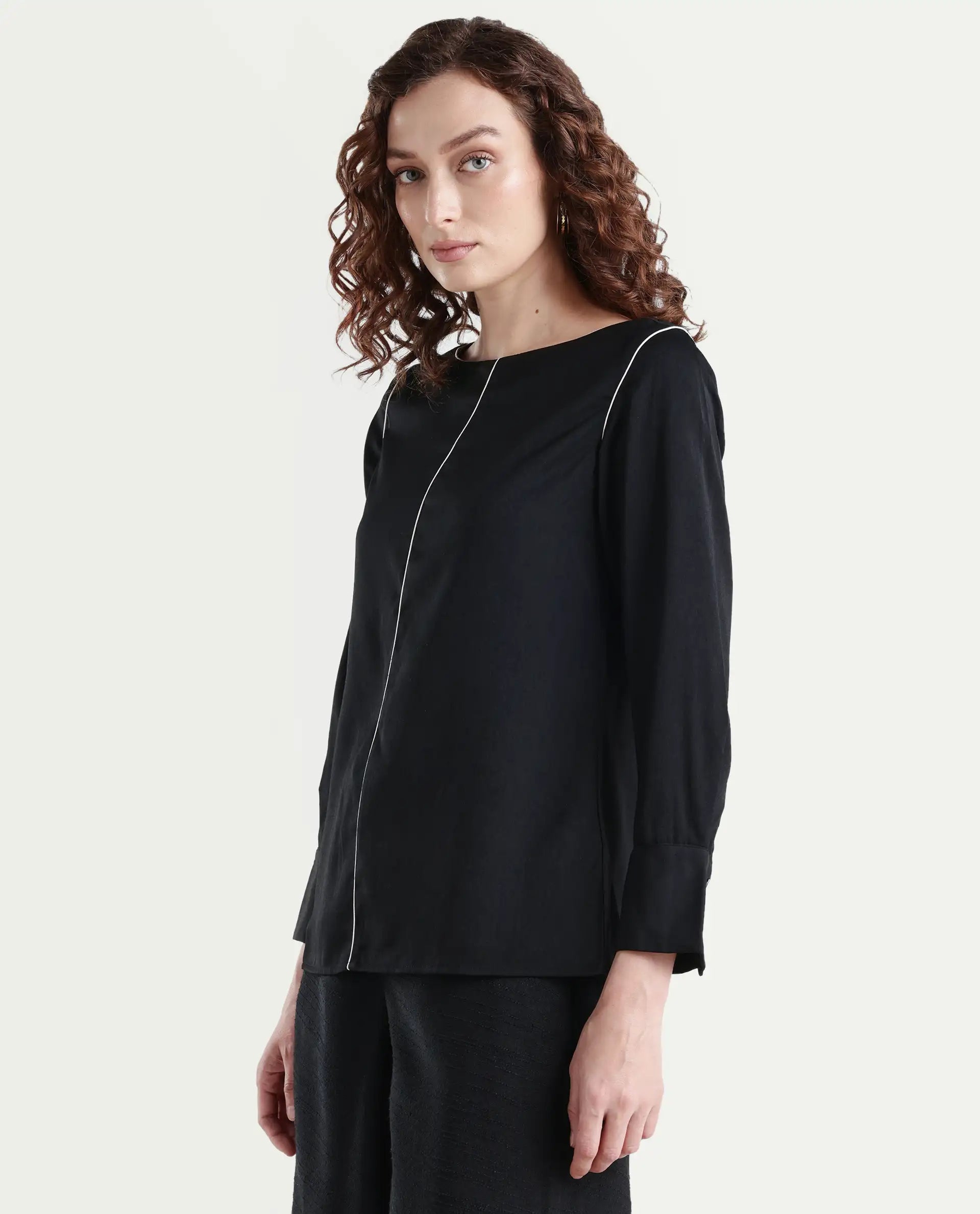 Rareism Women's Pidet Black Satin Boat Neck Plain Cuffed Sleeve Regular Fit Top