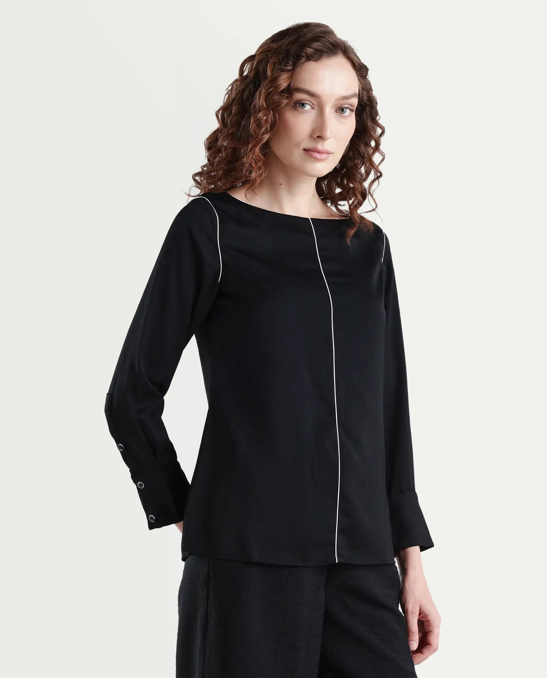 Rareism Women's Pidet Black Satin Boat Neck Plain Cuffed Sleeve Regular Fit Top
