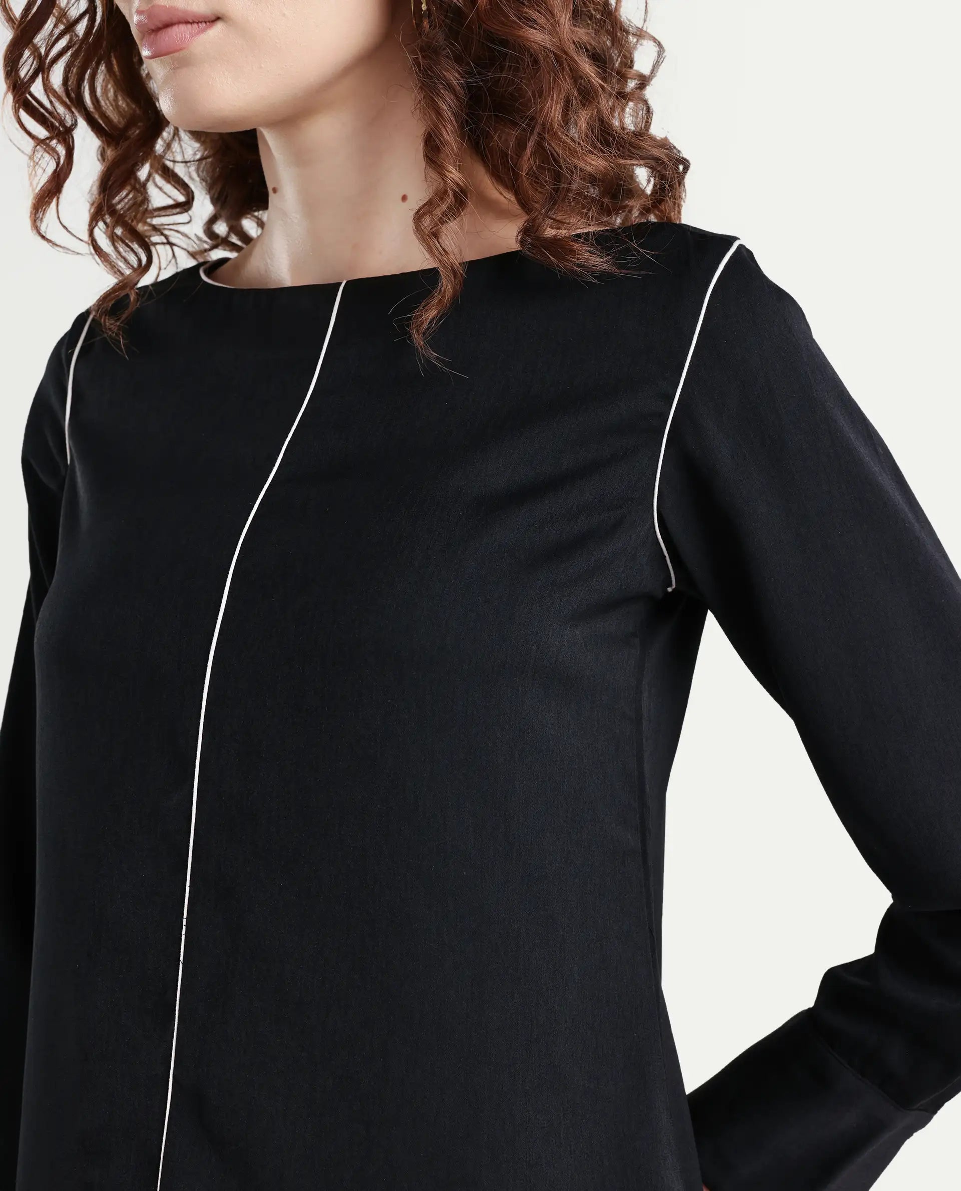 Rareism Women's Pidet Black Satin Boat Neck Plain Cuffed Sleeve Regular Fit Top