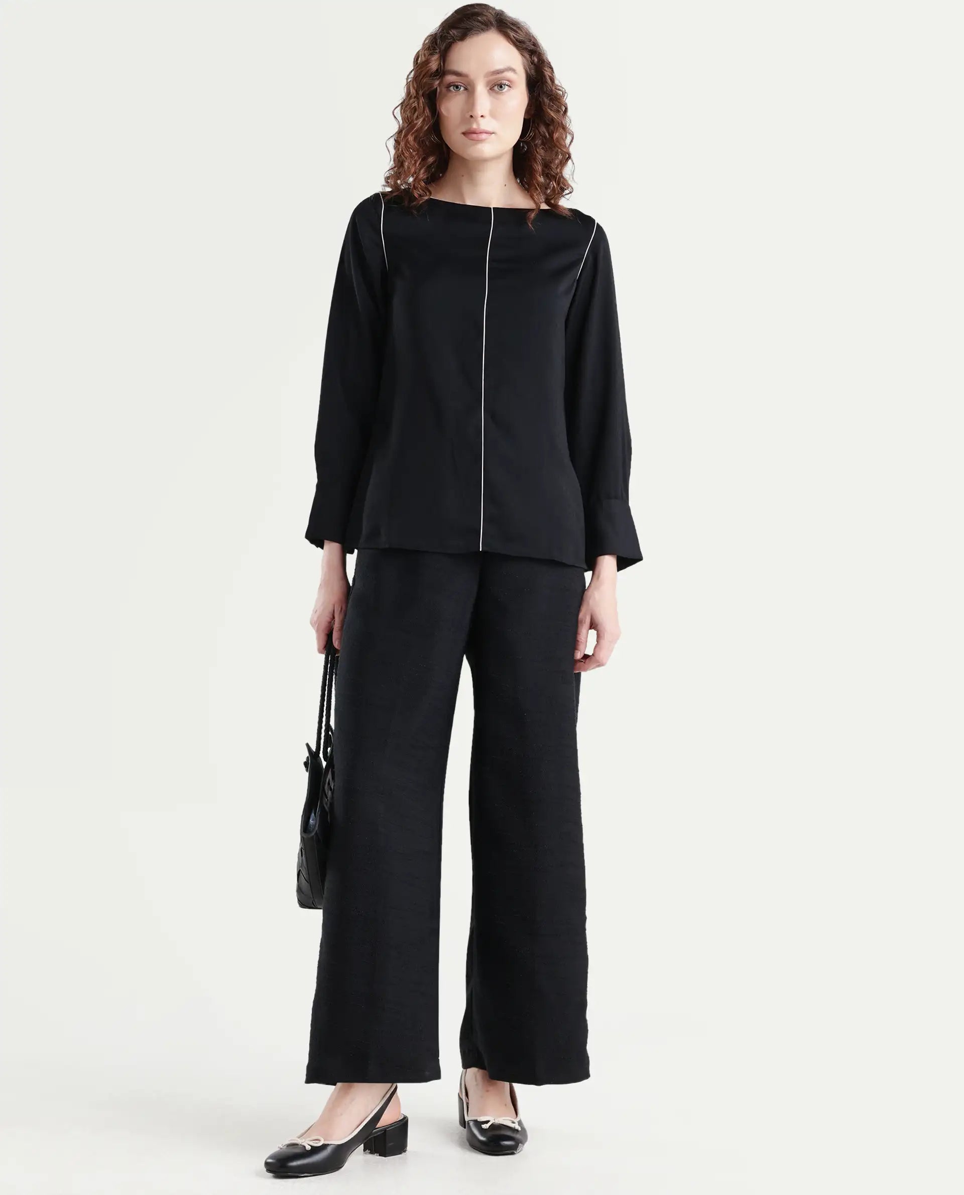 Rareism Women's Pidet Black Satin Boat Neck Plain Cuffed Sleeve Regular Fit Top