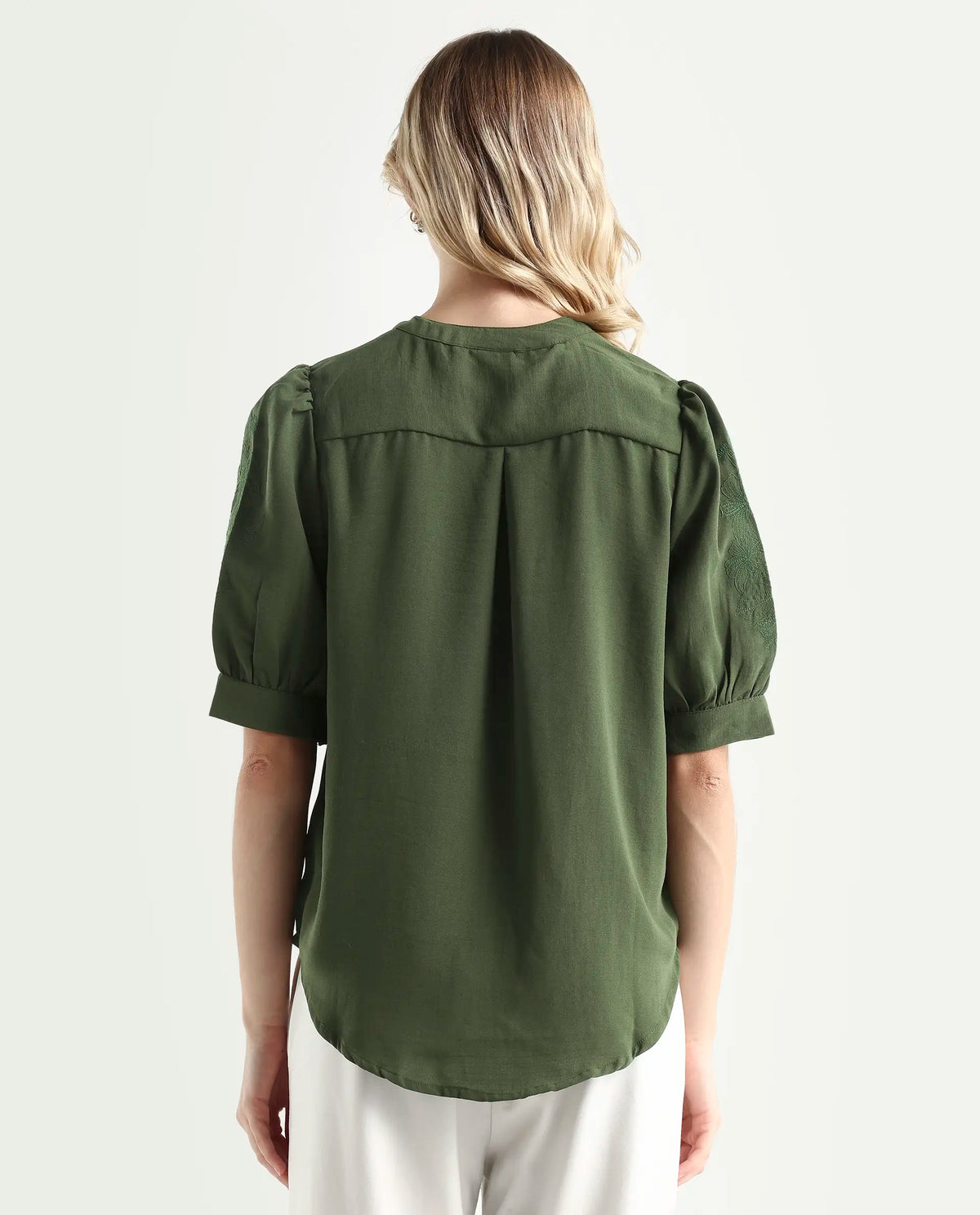 Rareism Women's Onit Olive Polyester Mandarin Collar Plain Bishop Sleeve Regular Fit Top