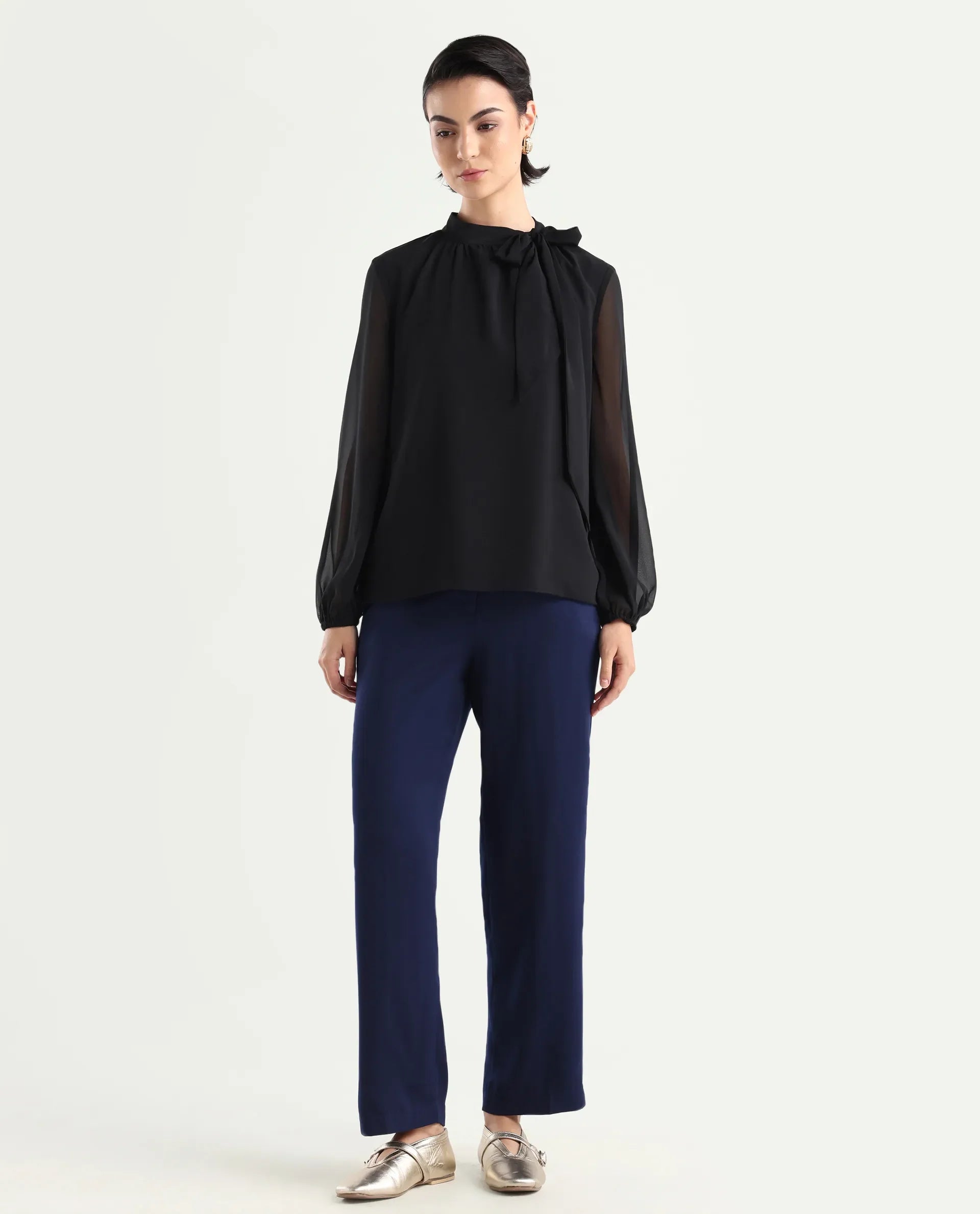 Rareism Women's Skrein Navy Polyester Blend Plain Ankle Length Straight Fit Trouser