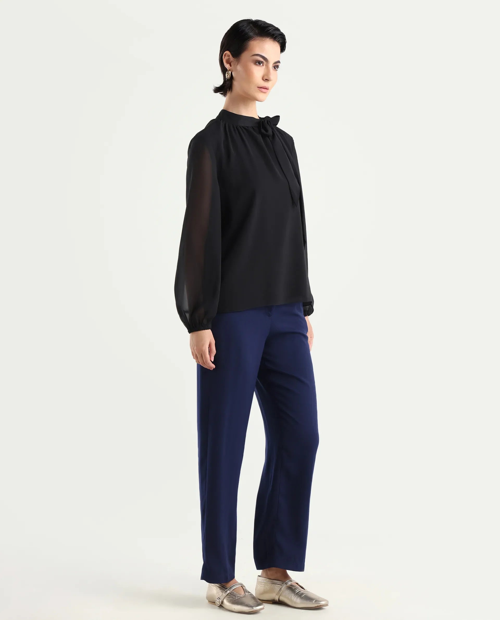 Rareism Women's Skrein Navy Polyester Blend Plain Ankle Length Straight Fit Trouser