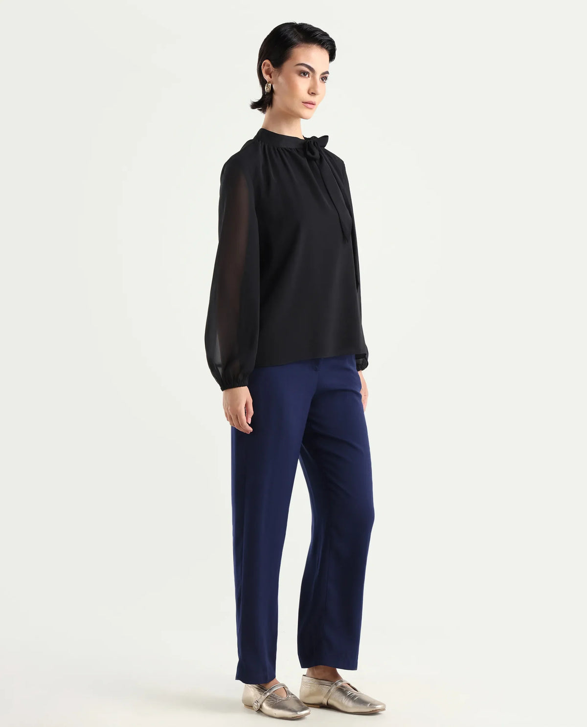 Rareism Women's Skrein Navy Polyester Blend Plain Ankle Length Straight Fit Trouser