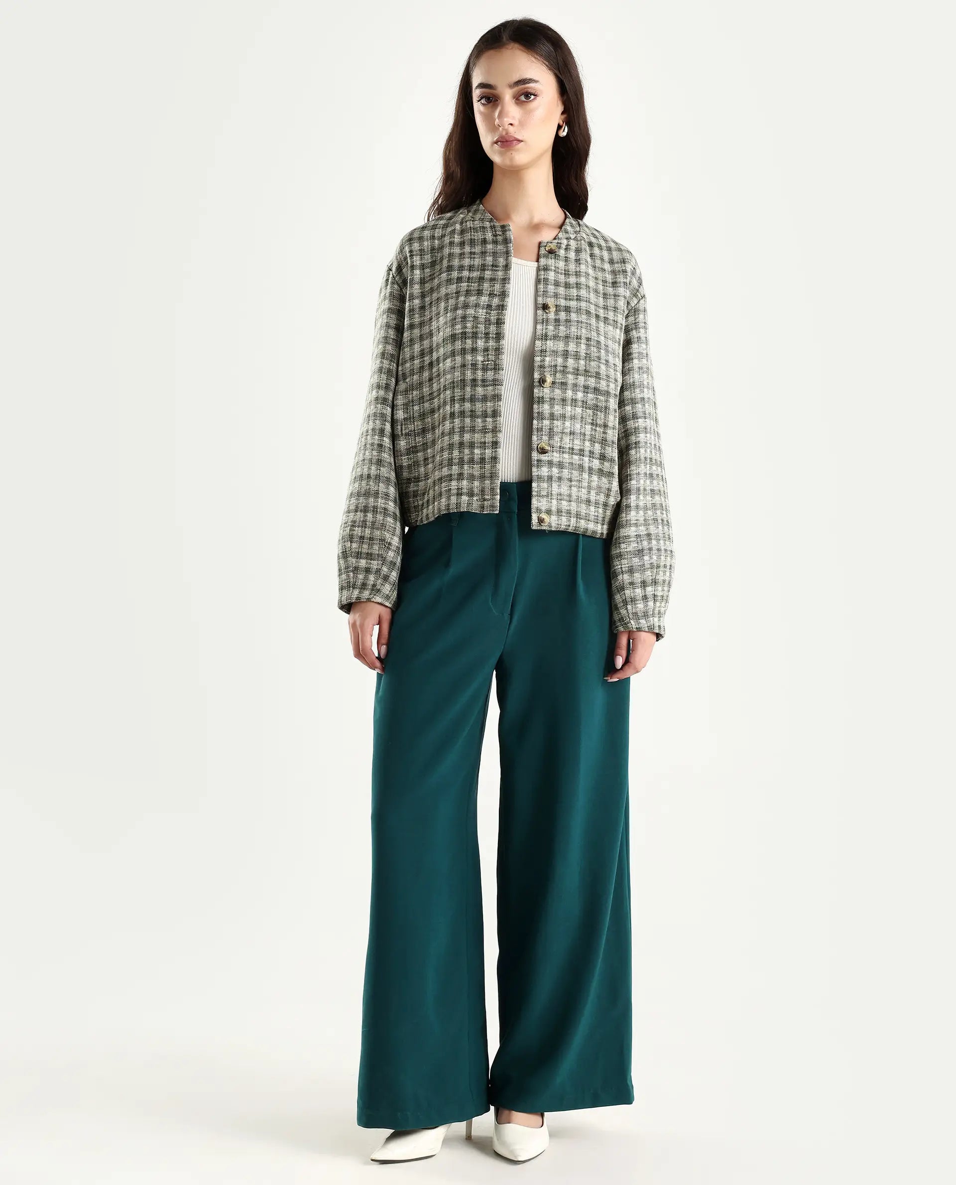 Rareism Women's Erica Green Polyester Blend Plain Ankle Length Wide Trouser