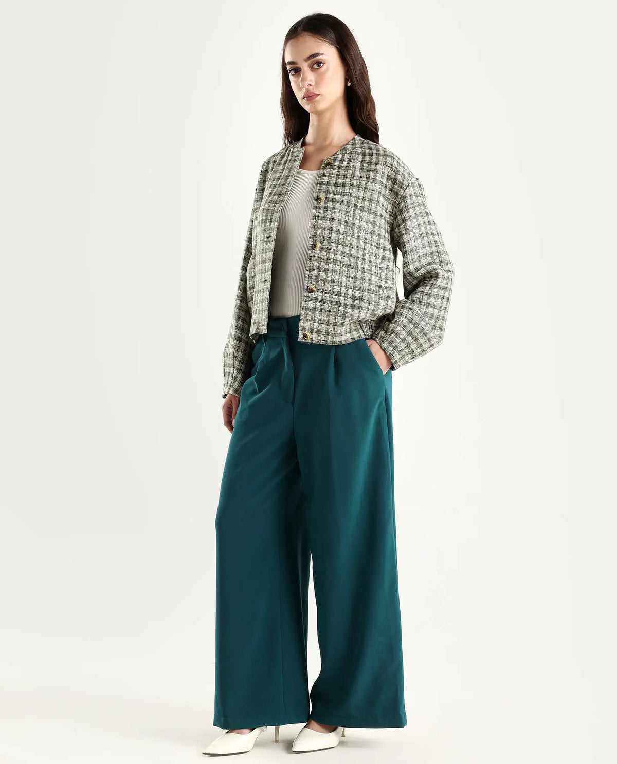Rareism Women's Erica Green Polyester Blend Plain Ankle Length Wide Trouser