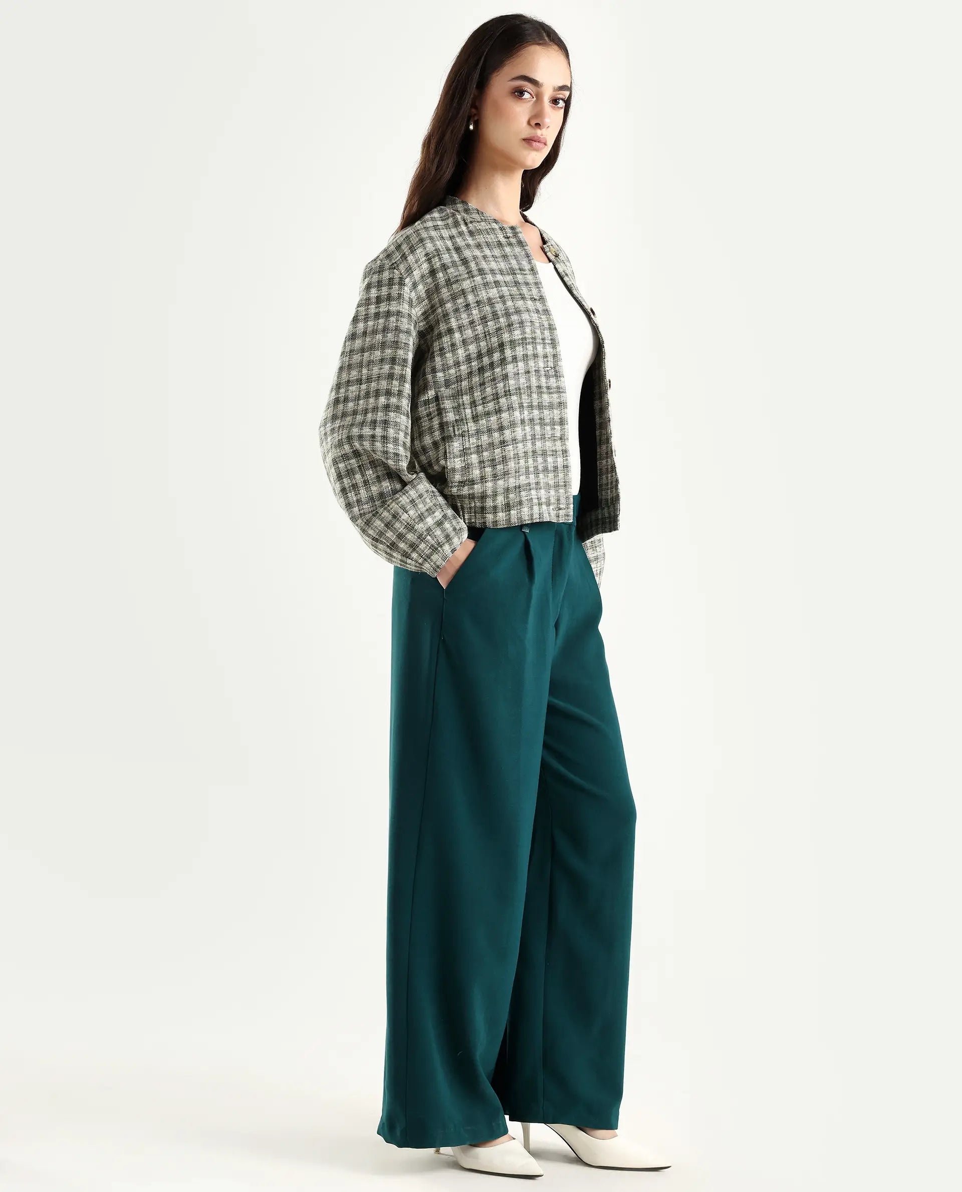 Rareism Women's Erica Green Polyester Blend Plain Ankle Length Wide Trouser