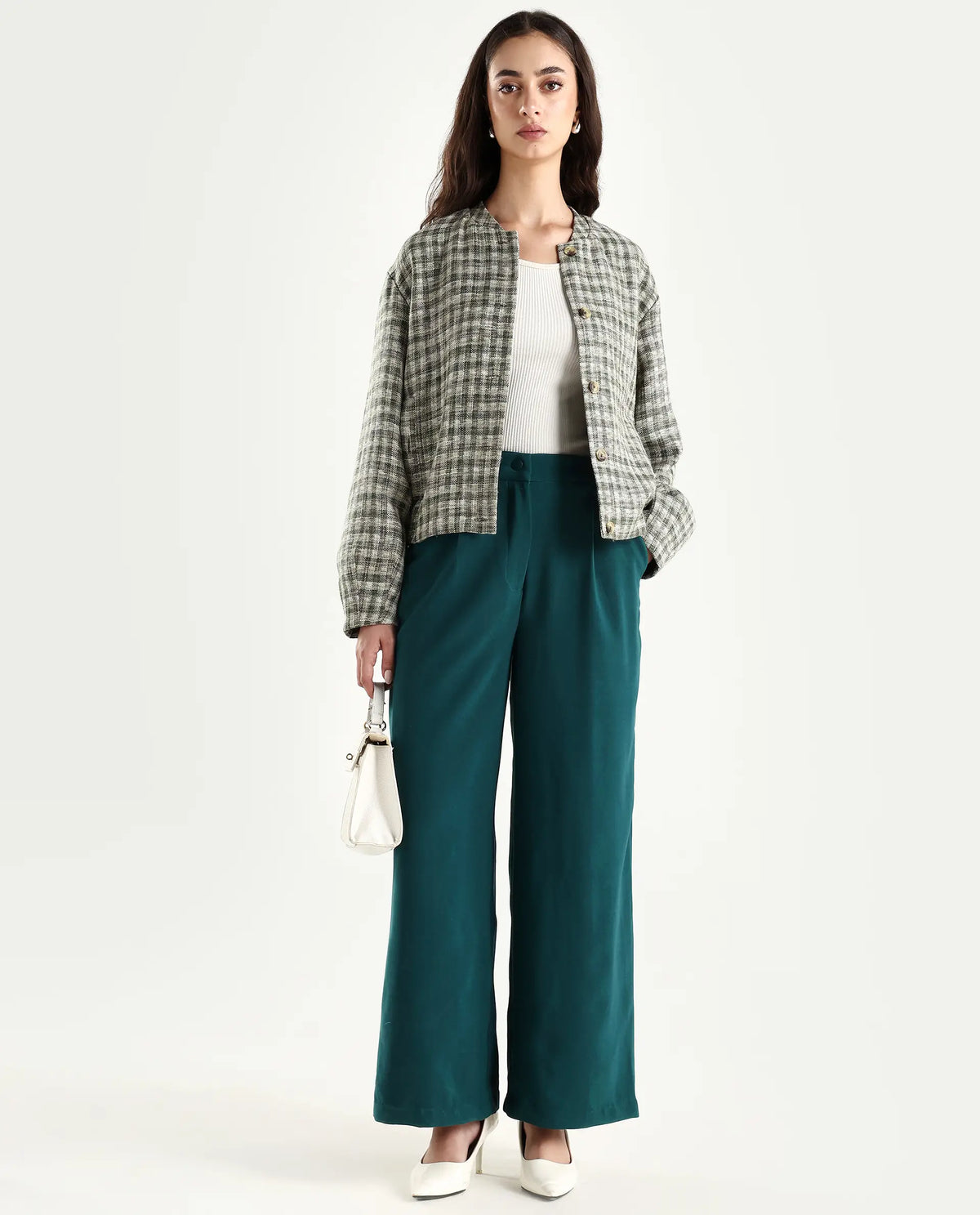 Rareism Women's Erica Green Polyester Blend Plain Ankle Length Wide Trouser