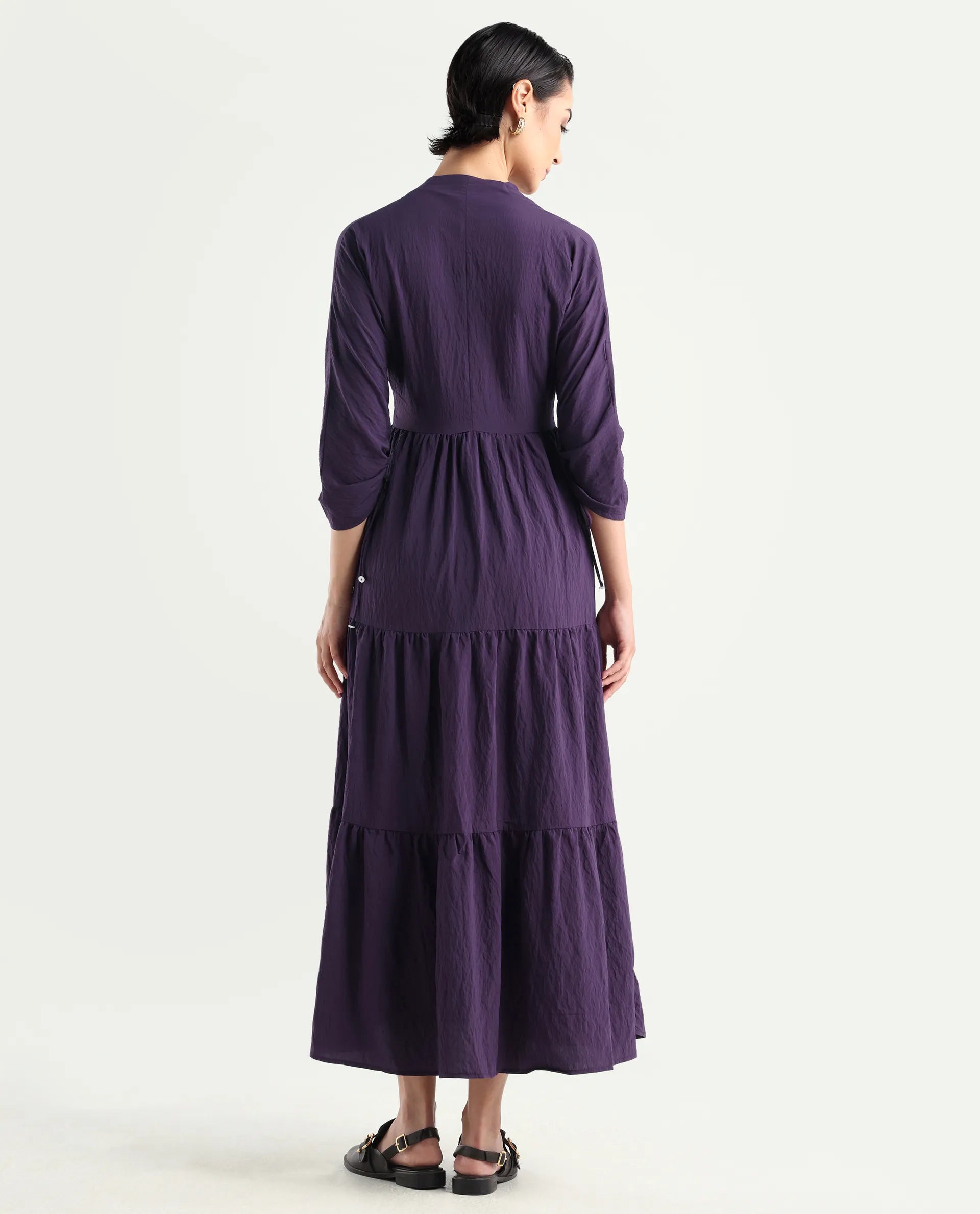 Rareism Women's Quroti Purple Nylon Blend Built-Up Neck Plain Kimono Sleeve Maxi Fit And Flare Dress