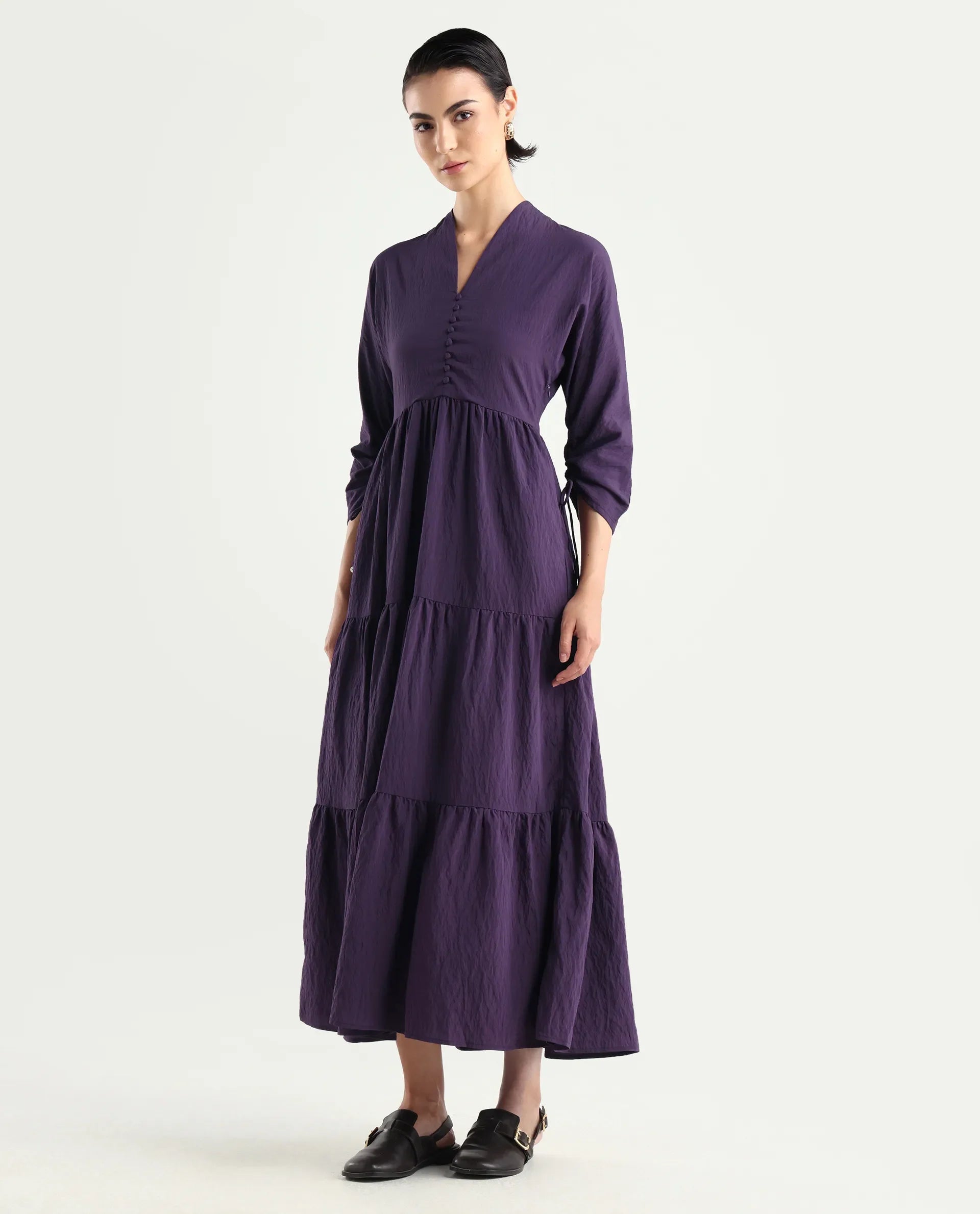 Rareism Women's Quroti Purple Nylon Blend Built-Up Neck Plain Kimono Sleeve Maxi Fit And Flare Dress