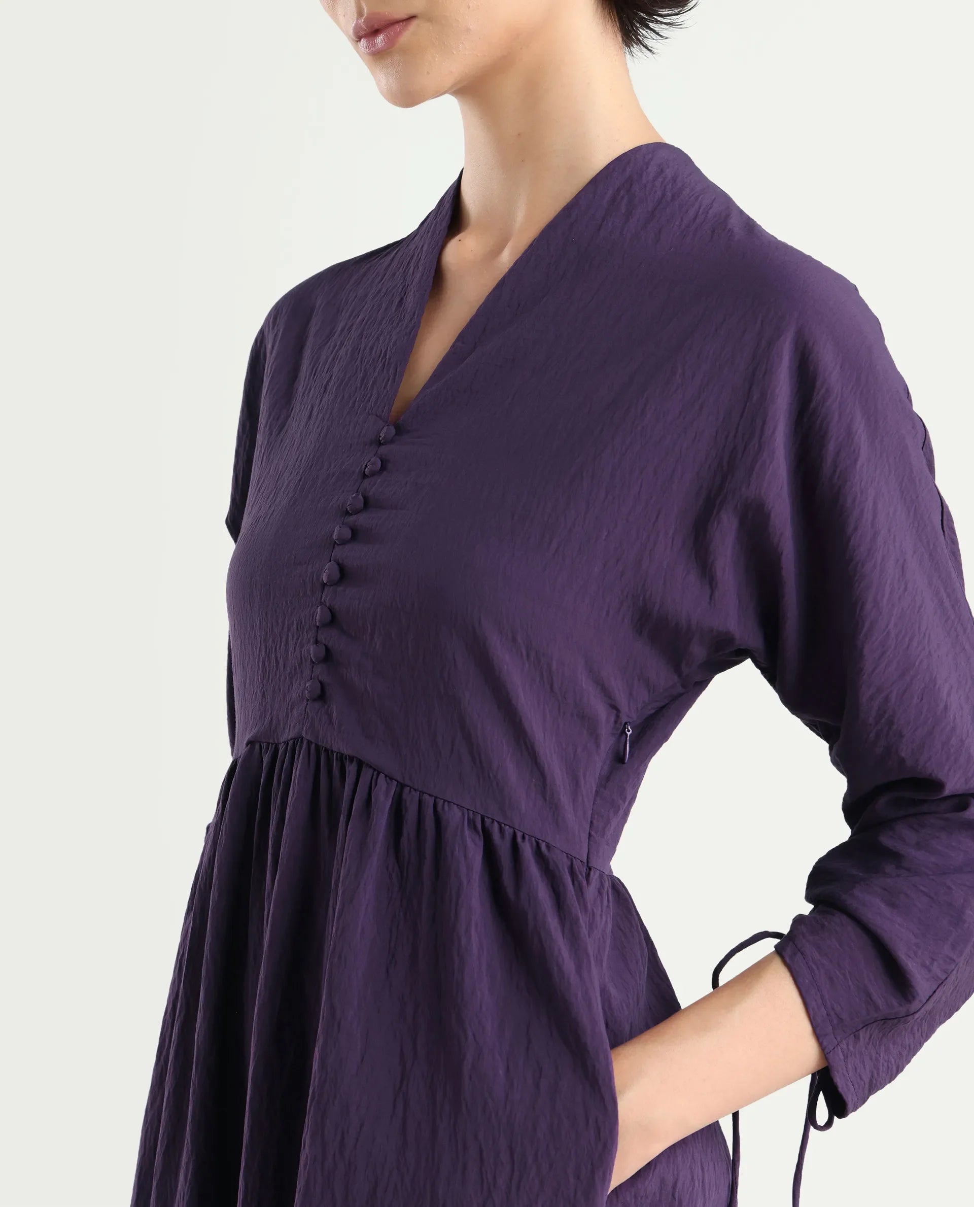 Rareism Women's Quroti Purple Nylon Blend Built-Up Neck Plain Kimono Sleeve Maxi Fit And Flare Dress