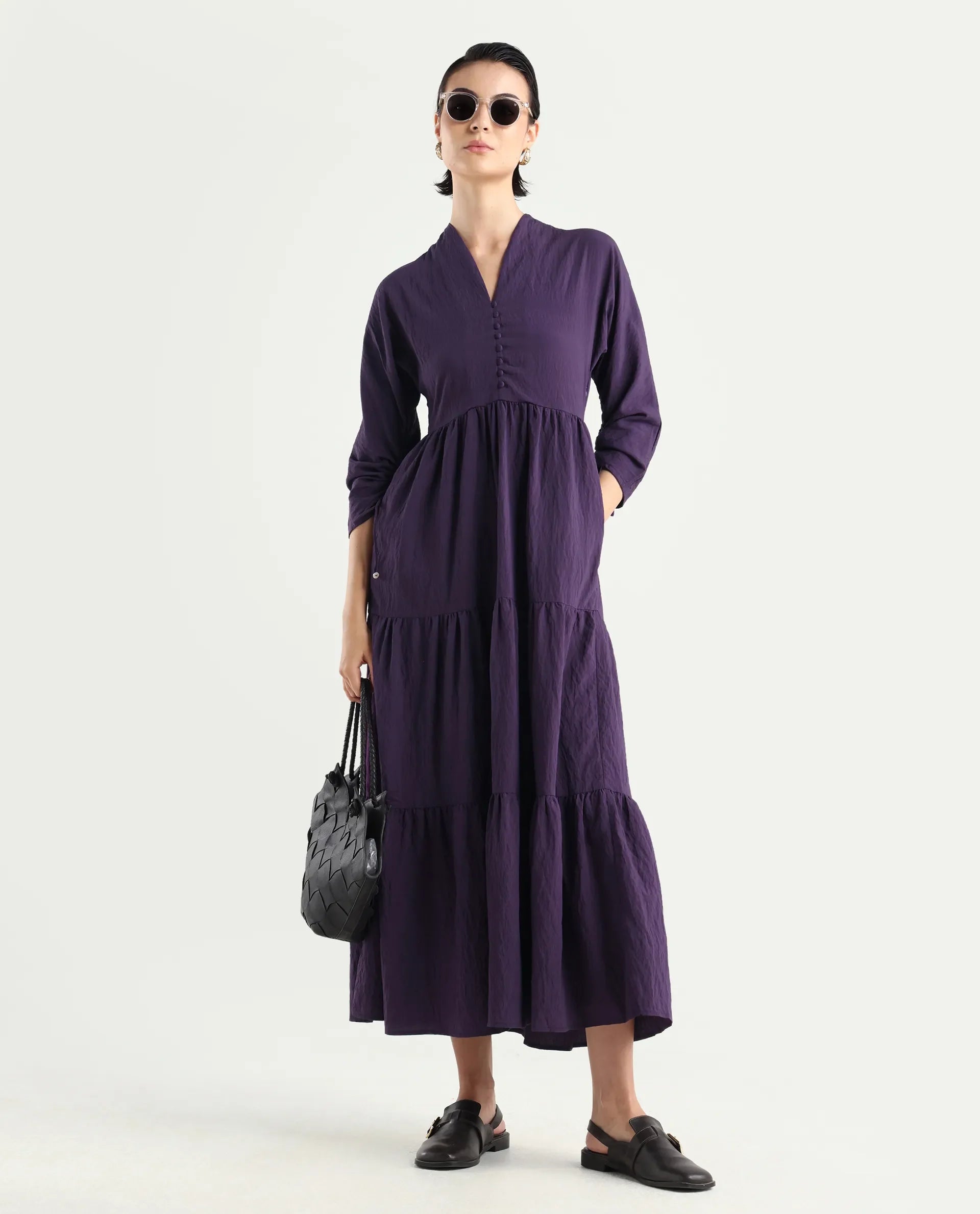 Rareism Women's Quroti Purple Nylon Blend Built-Up Neck Plain Kimono Sleeve Maxi Fit And Flare Dress