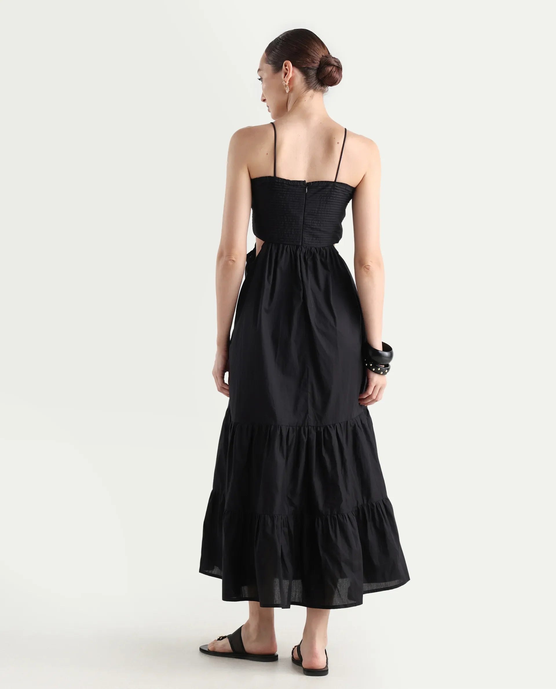 Rareism Women's Schor Black Cotton Shoulder Strap Plain Sleeveless Maxi Fit And Flare Dress
