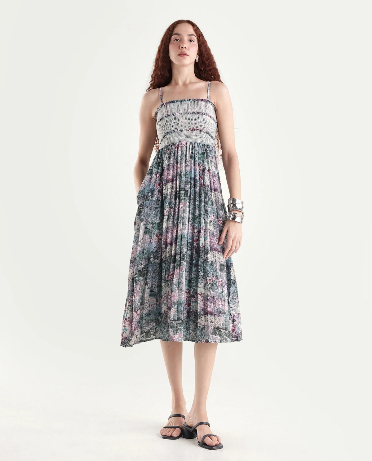 Rareism Women's Phanks Multi Polyester Tube Neck Abstract Print Sleeveless Midi Fit And Flare Dress