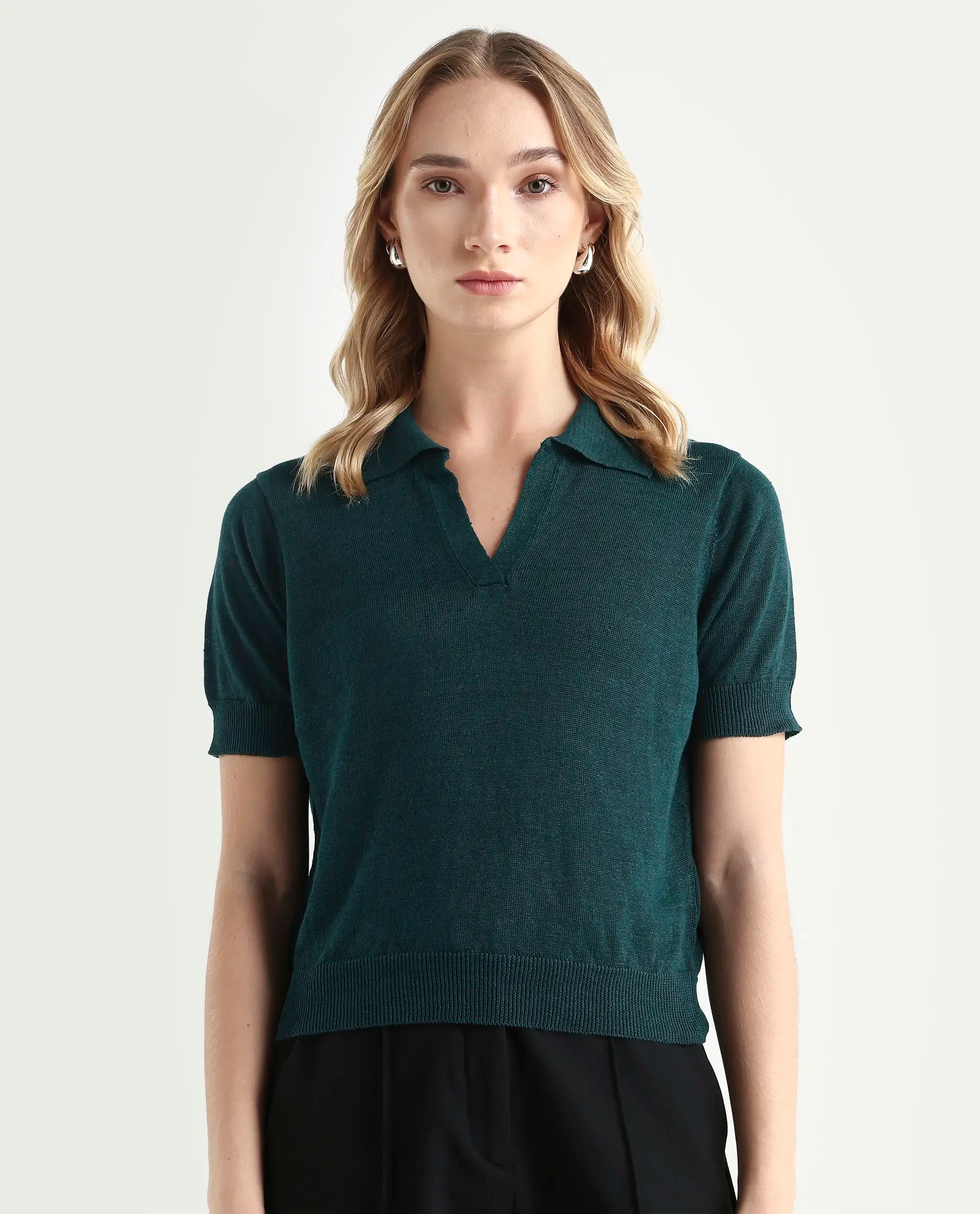 Rareism Women's Basel Green Cotton Linen Polo Neck Plain Regular Fit Polo