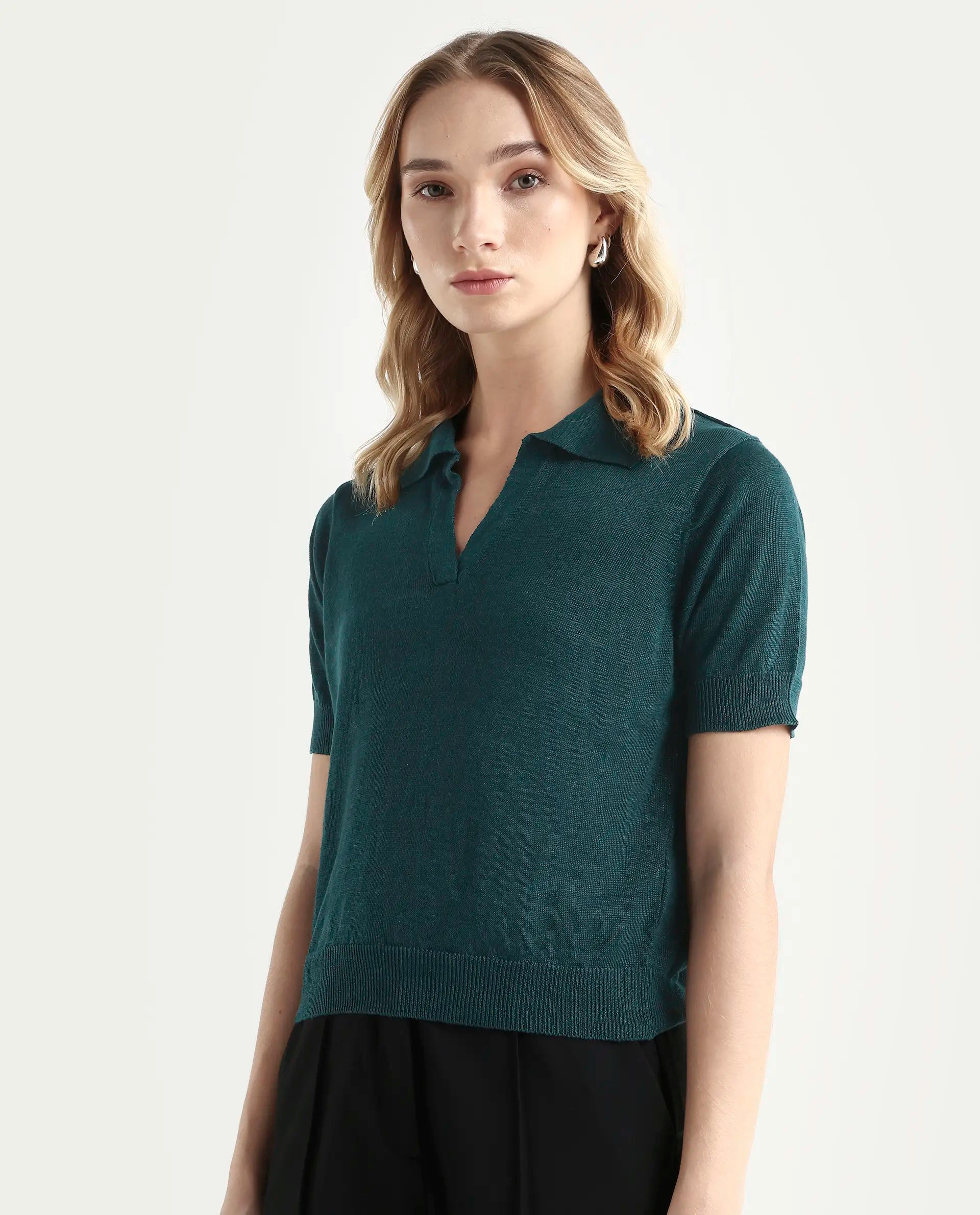 Rareism Women's Basel Green Cotton Linen Polo Neck Plain Regular Fit Polo