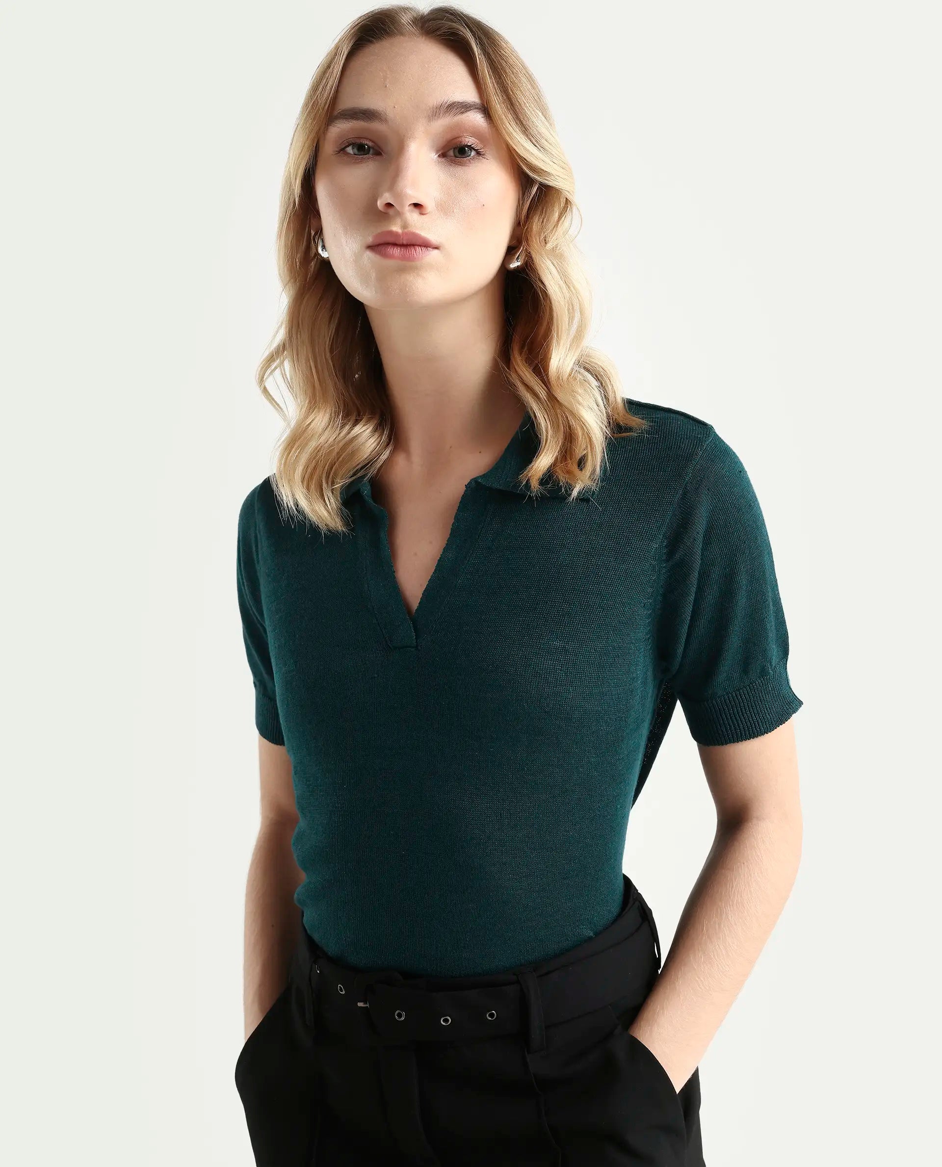 Rareism Women's Basel Green Cotton Linen Polo Neck Plain Regular Fit Polo