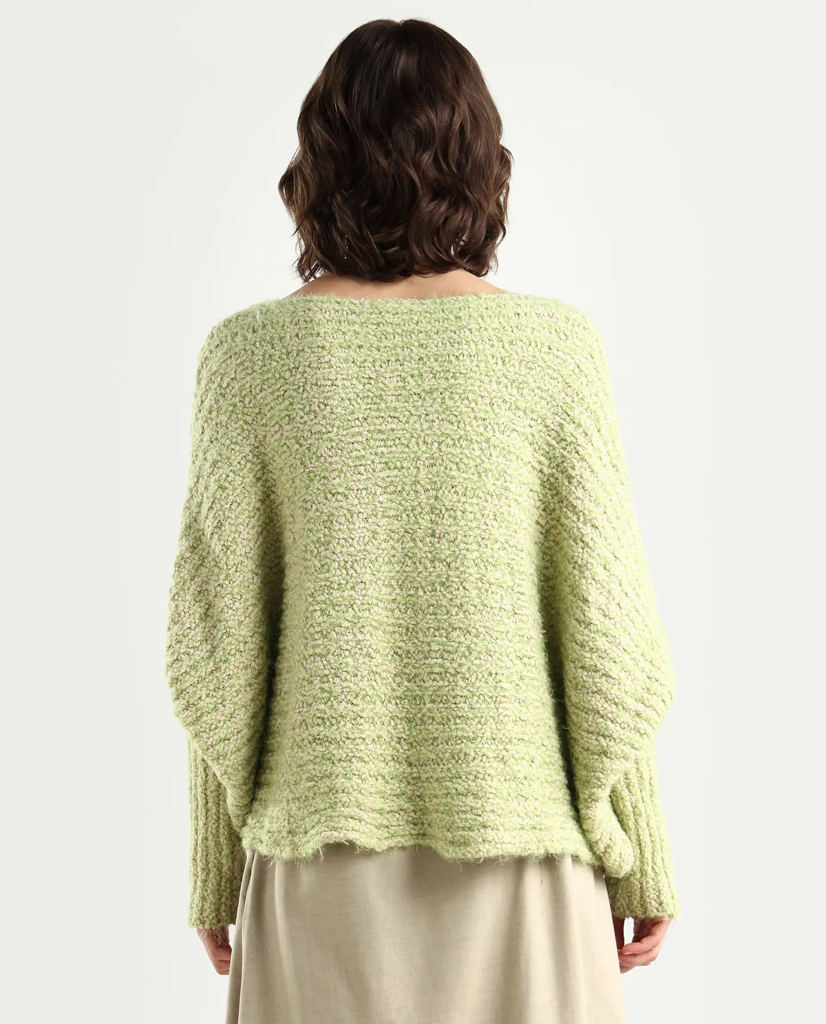 Rareism Women's Taro Dusky Green Polyester Off Shoulder Dyed Relaxed Fit Sweater