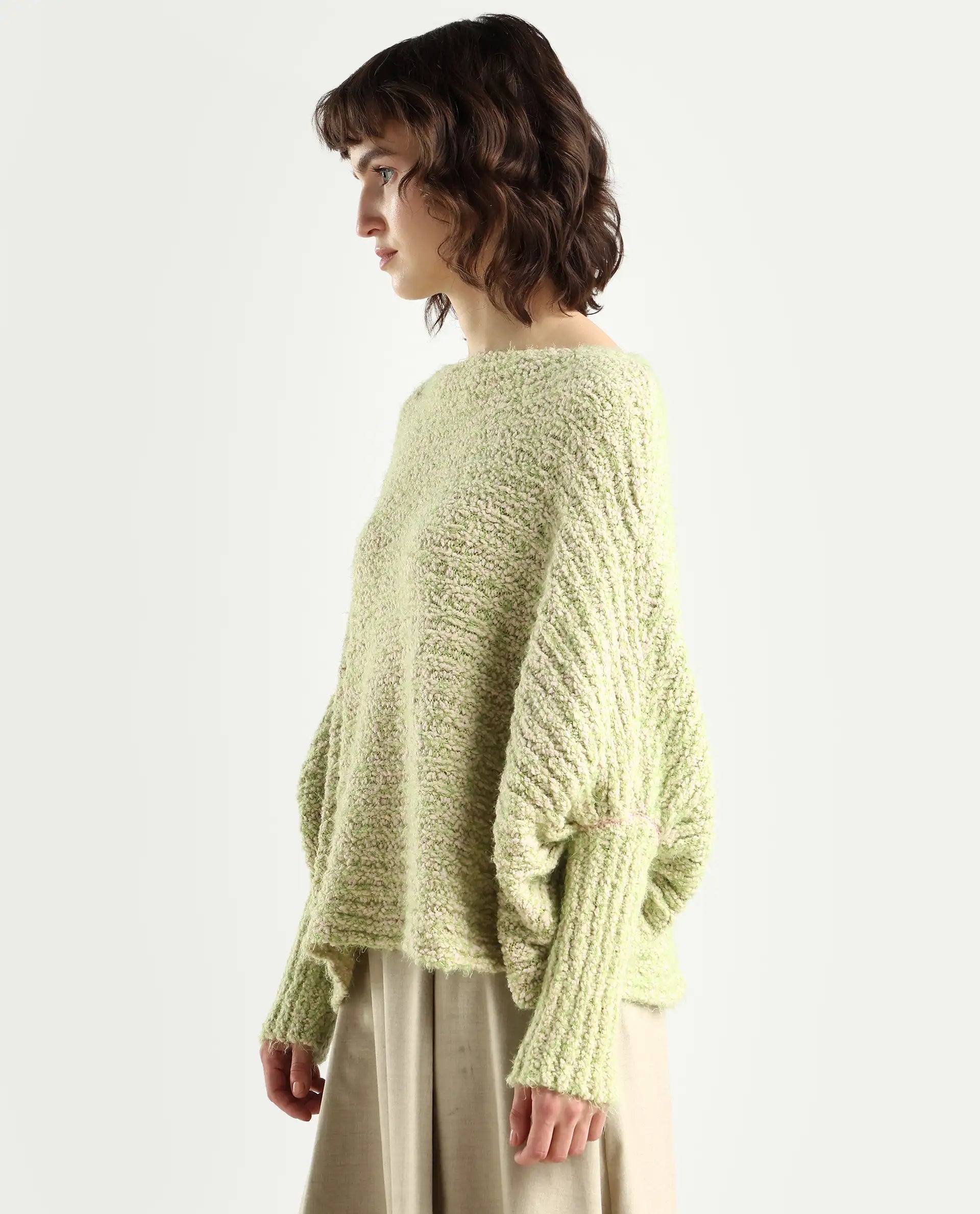 Rareism Women's Taro Dusky Green Polyester Off Shoulder Dyed Relaxed Fit Sweater