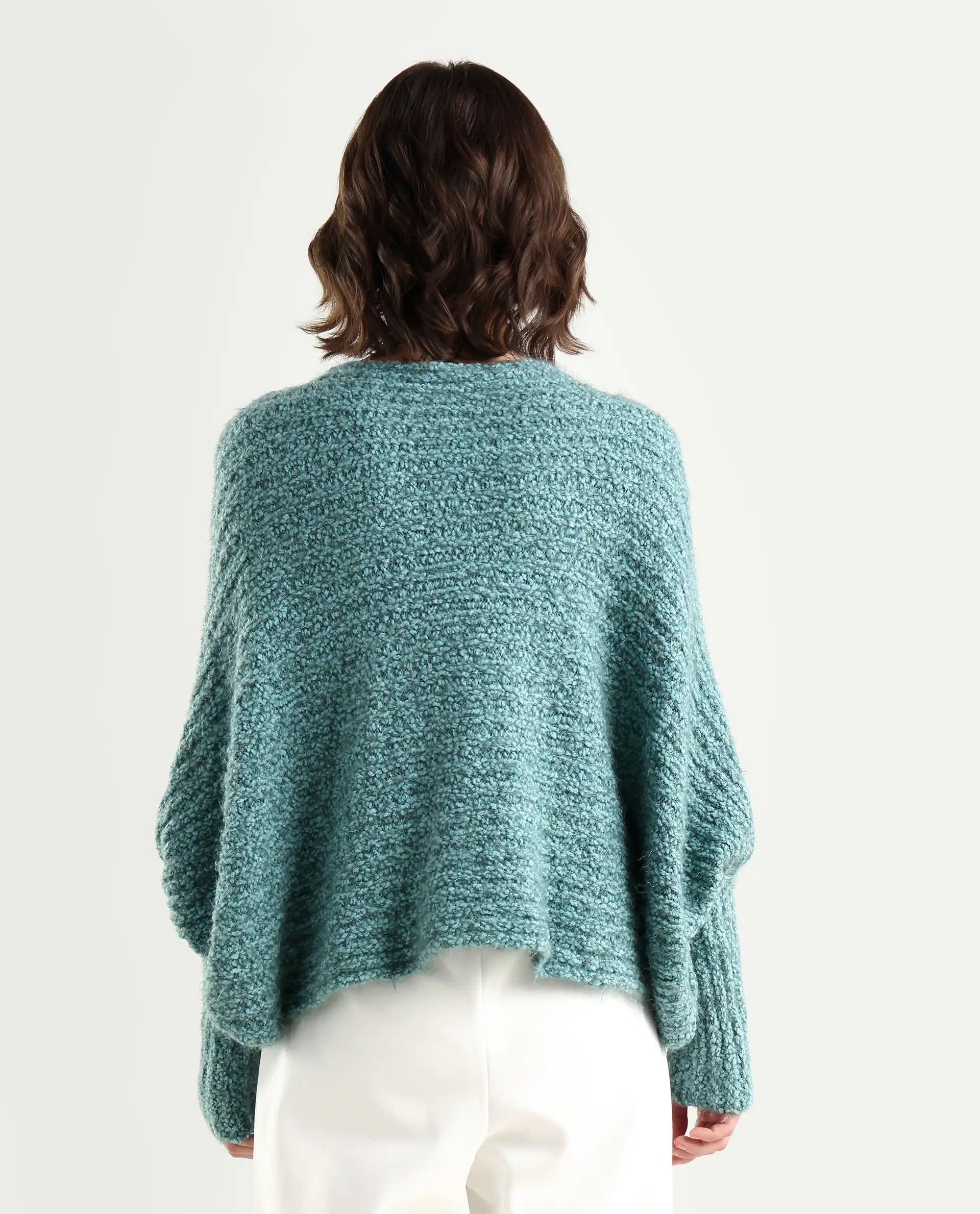 Rareism Women's Taro Teal Polyester Off Shoulder Plain Relaxed Fit Sweater