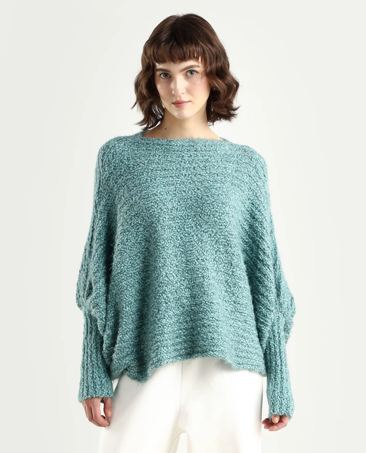 Rareism Women's Taro Teal Polyester Off Shoulder Plain Relaxed Fit Sweater