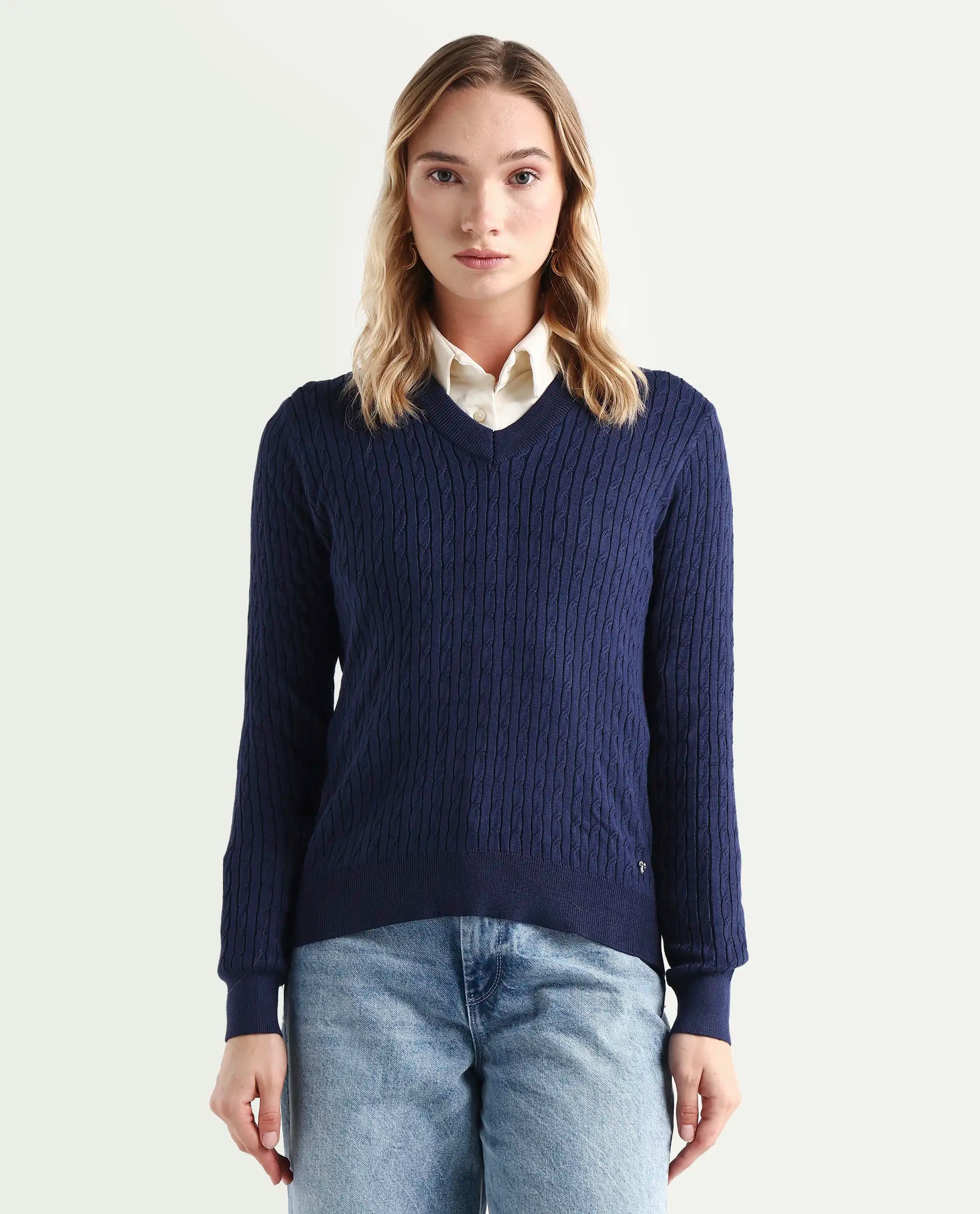 Rareism Women's Izmit Navy Viscose V-Neck Plain Regular Fit Top