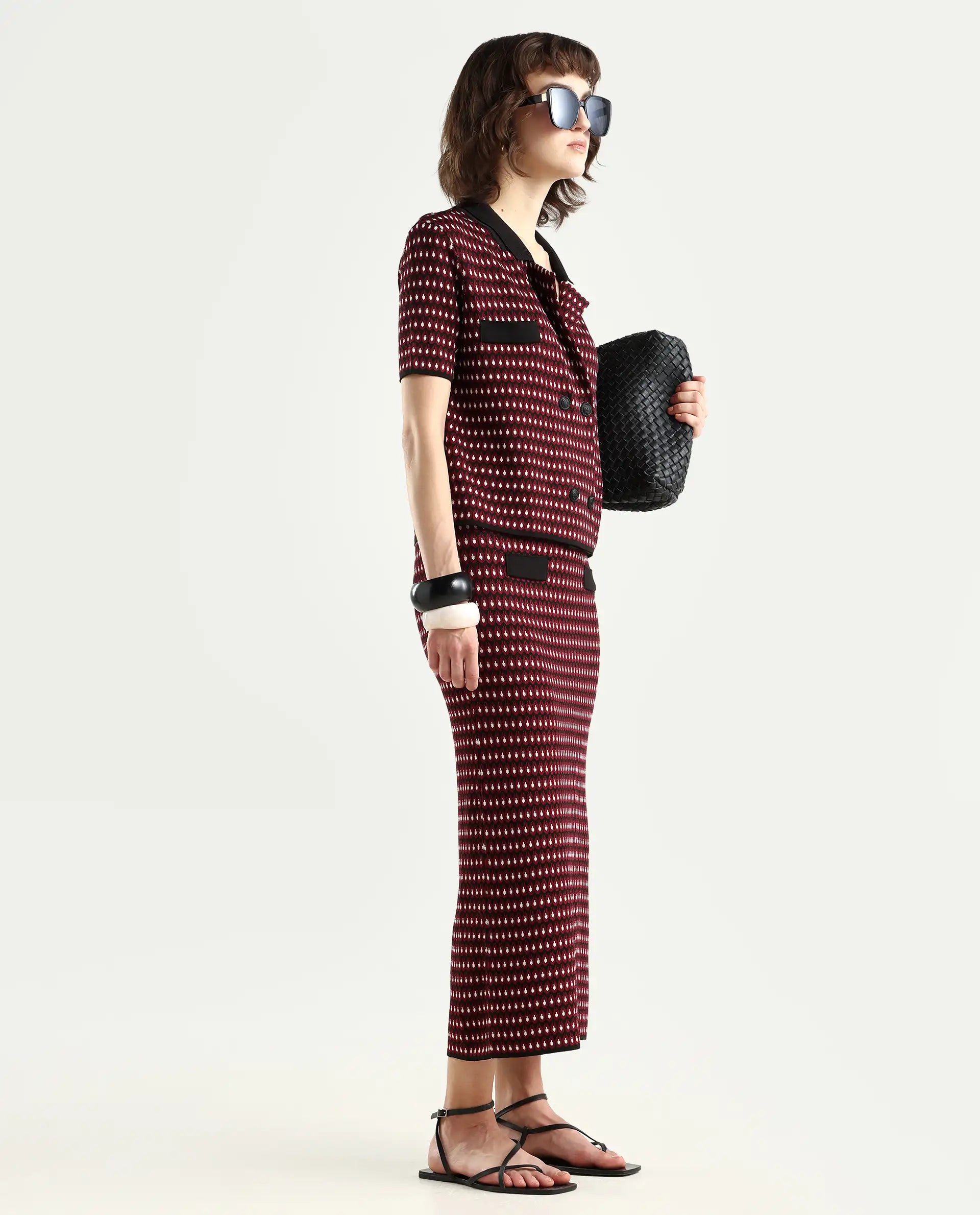 Rareism Women's Sanayi B Maroon Viscose Geometric Print Midi Relaxed Fit Skirt