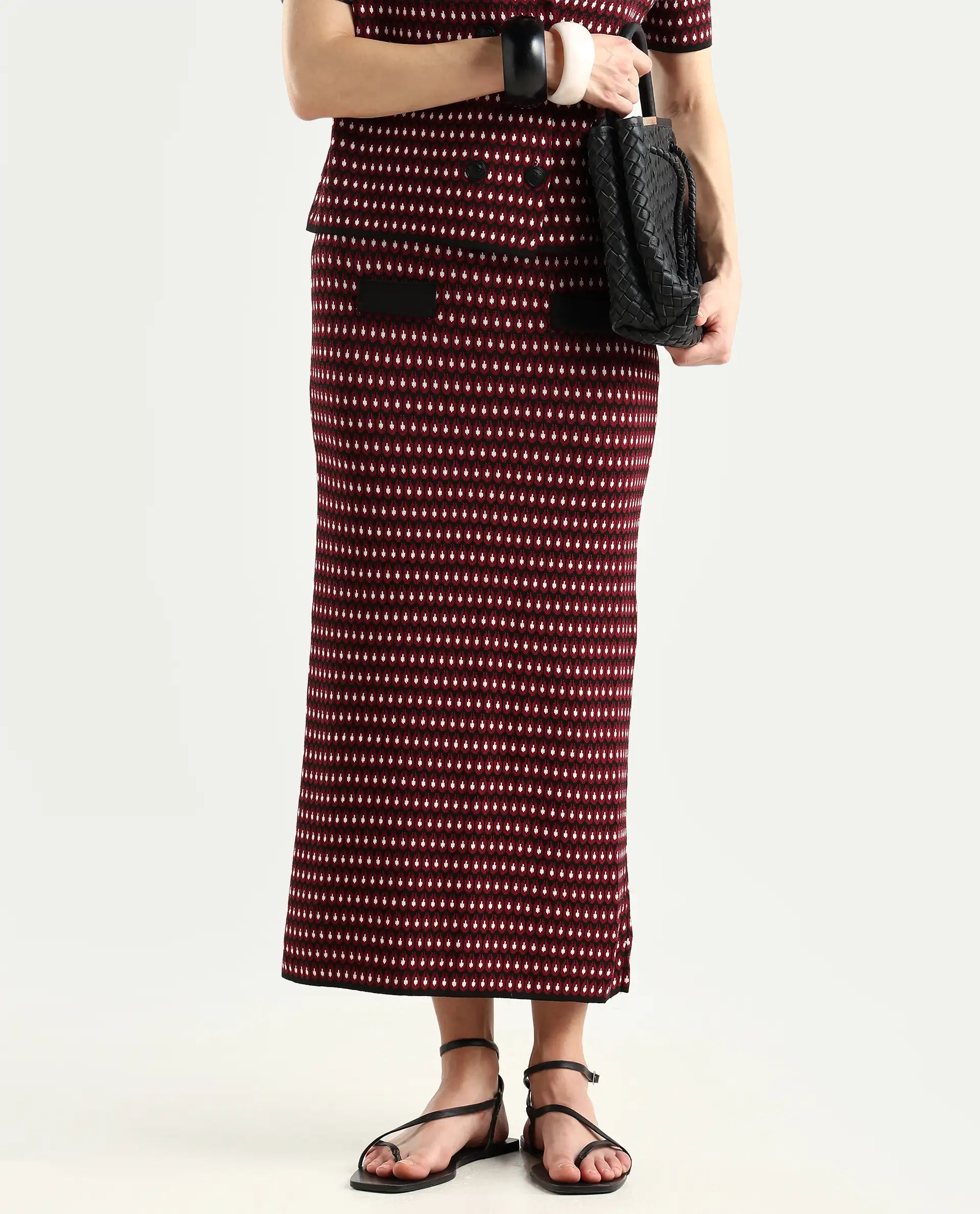 Rareism Women's Sanayi B Maroon Viscose Geometric Print Midi Relaxed Fit Skirt