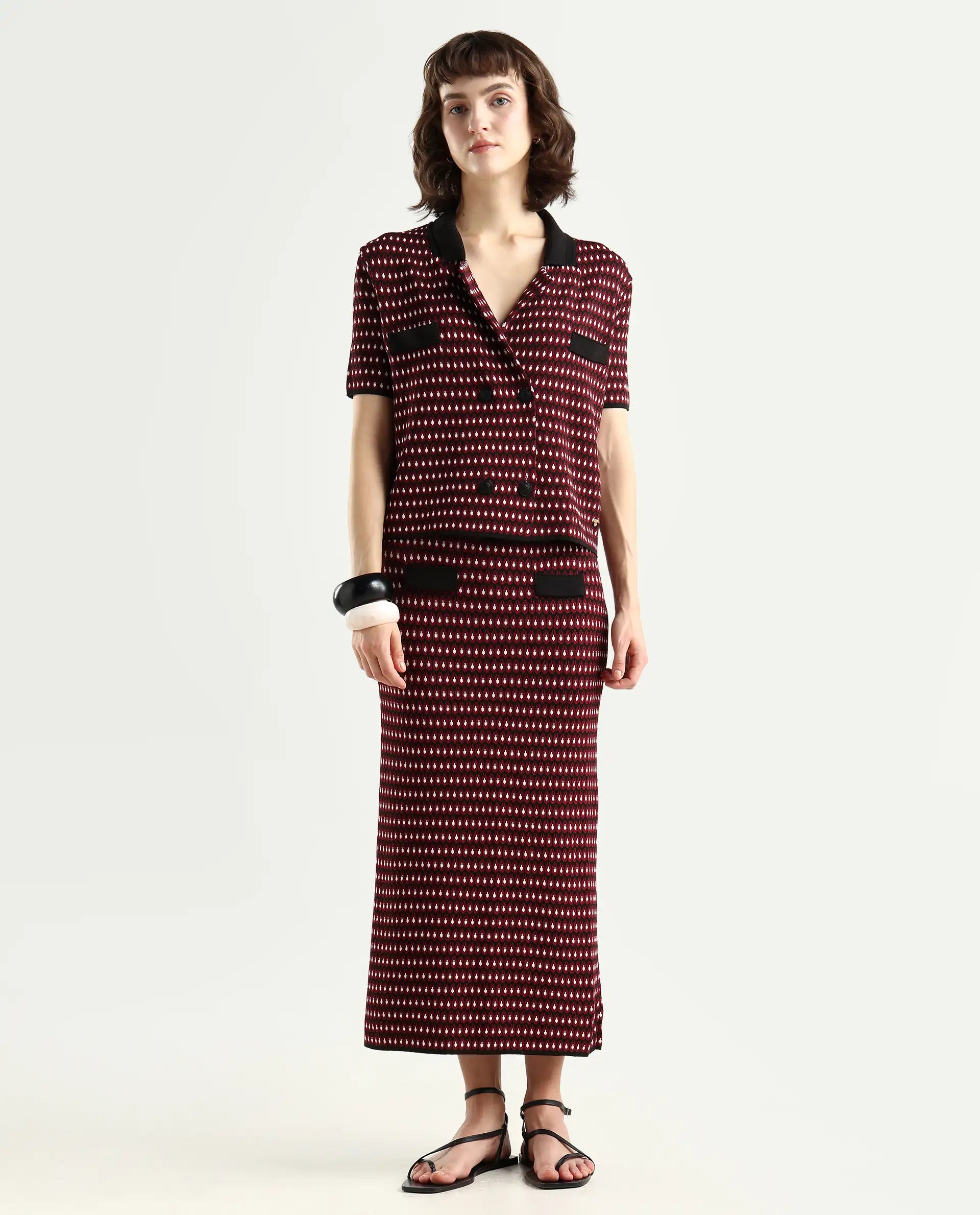 Rareism Women's Sanayi B Maroon Viscose Geometric Print Midi Relaxed Fit Skirt